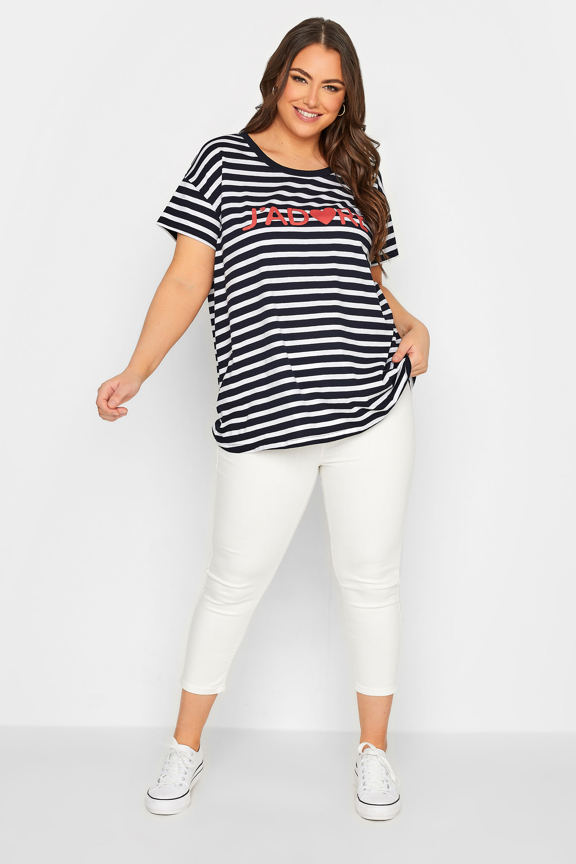 YOURS Plus Size Navy Blue Stripe 'J'adore' T-Shirt | Yours Clothing 3