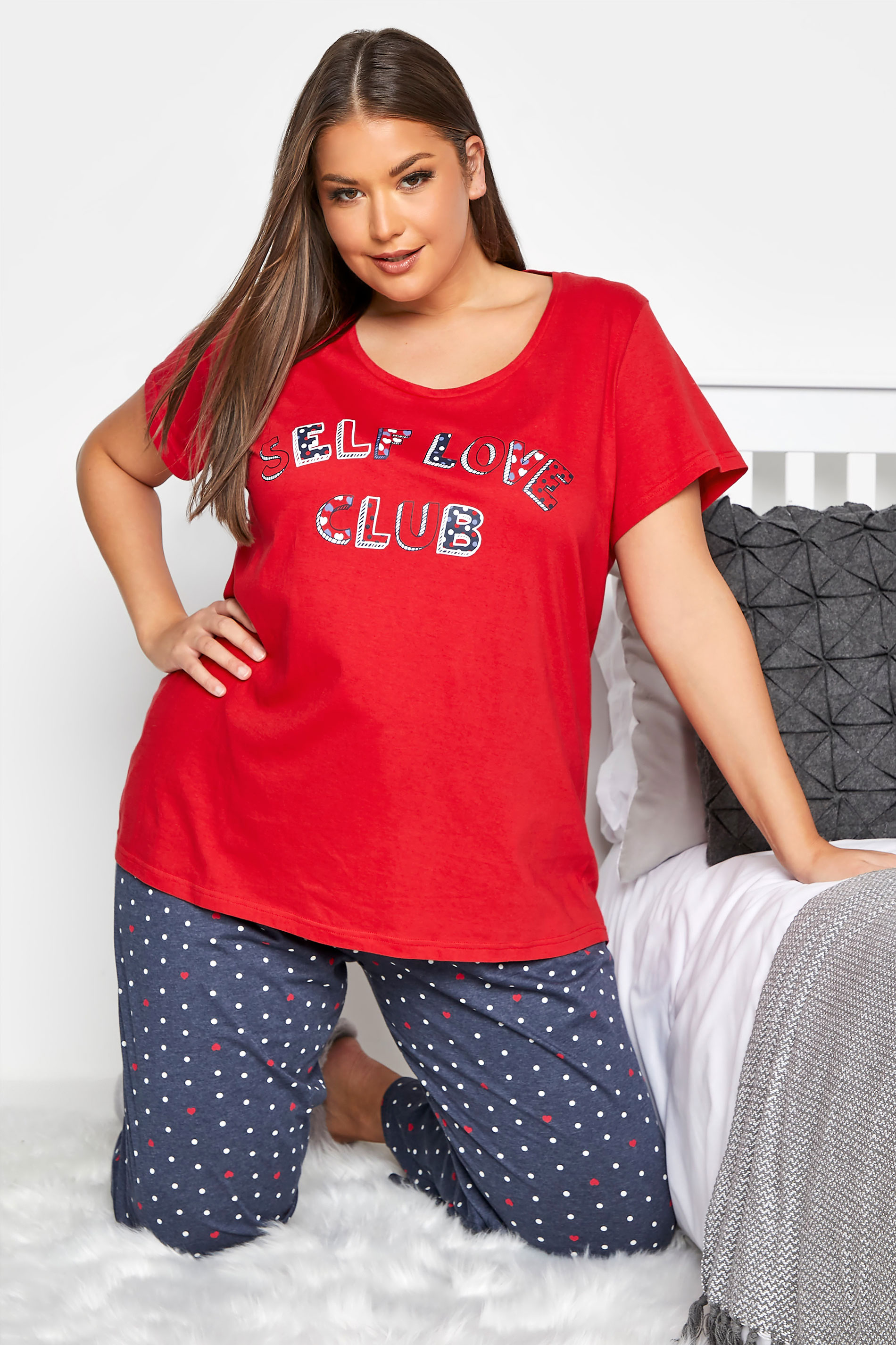 Plus Size Red 'Self Love Club' Slogan Pyjama Top | Yours Clothing 1
