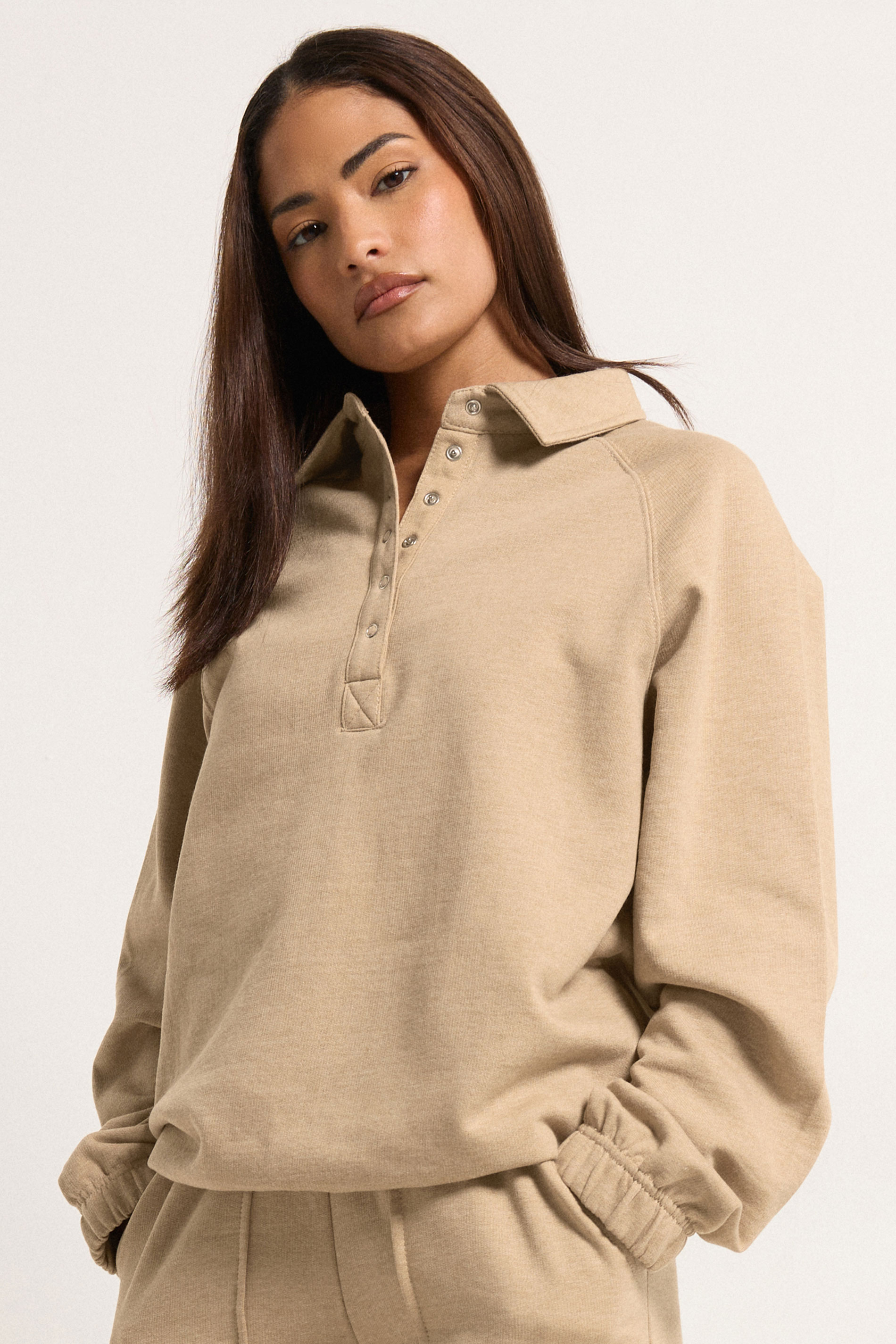 PixieGirl Petite Women's Natural Brown Button Collar Sweatshirt | PixieGirl 1
