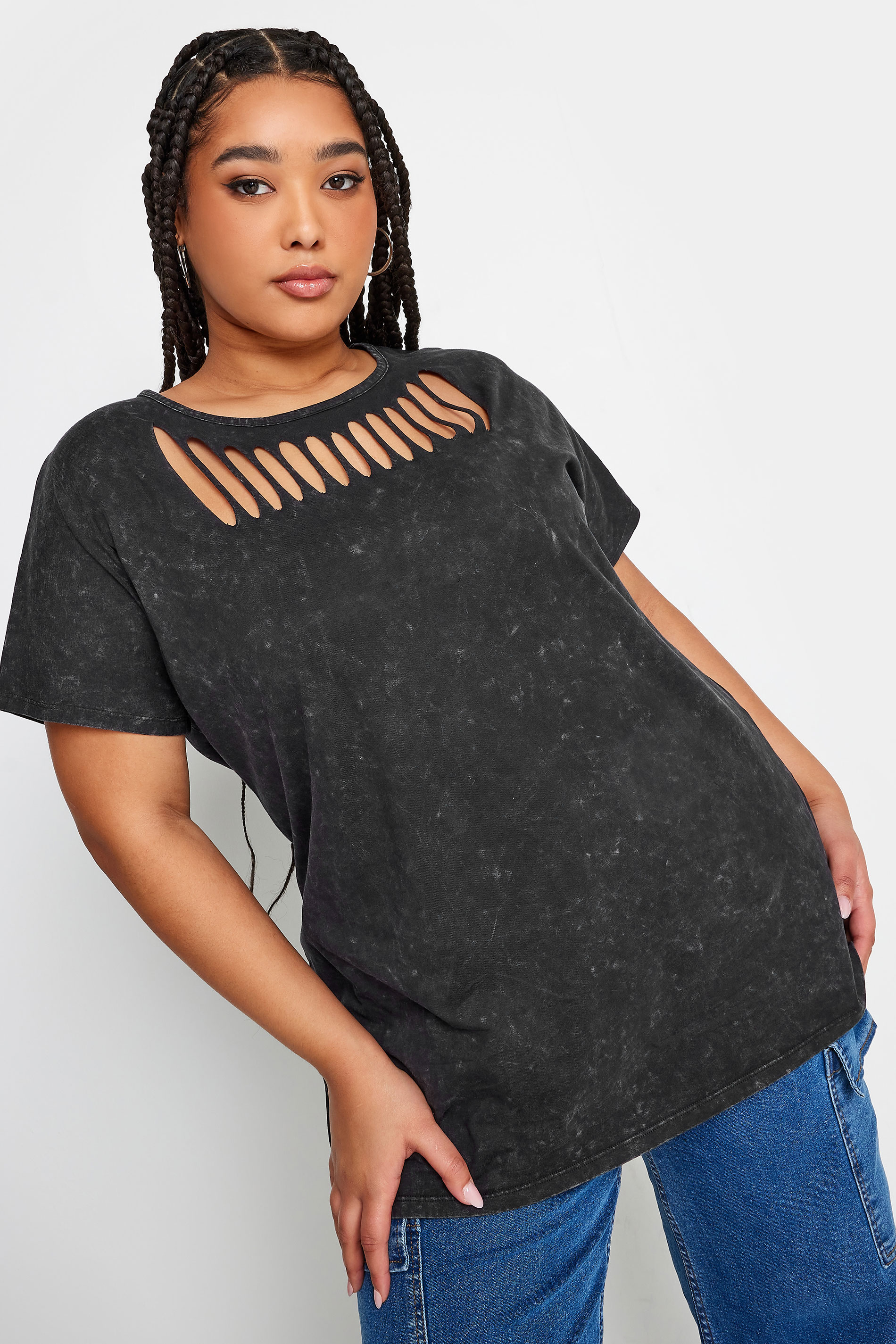 YOURS Plus Size Grey Acid Wash Cut Out Top | Yours Clothing 2