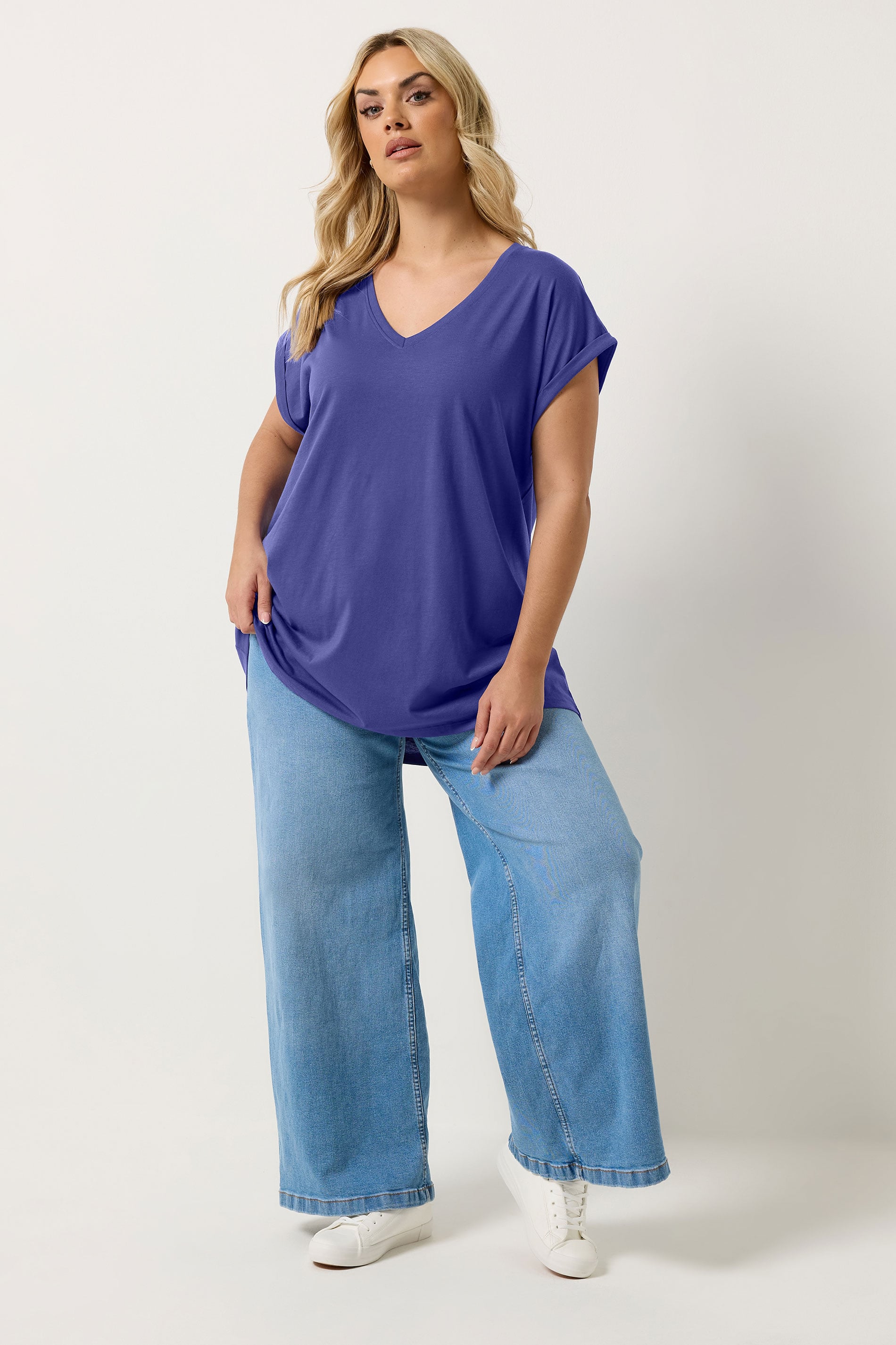 YOURS Plus Size  Purple V-Neck Basic T-Shirt | Yours Clothing 1