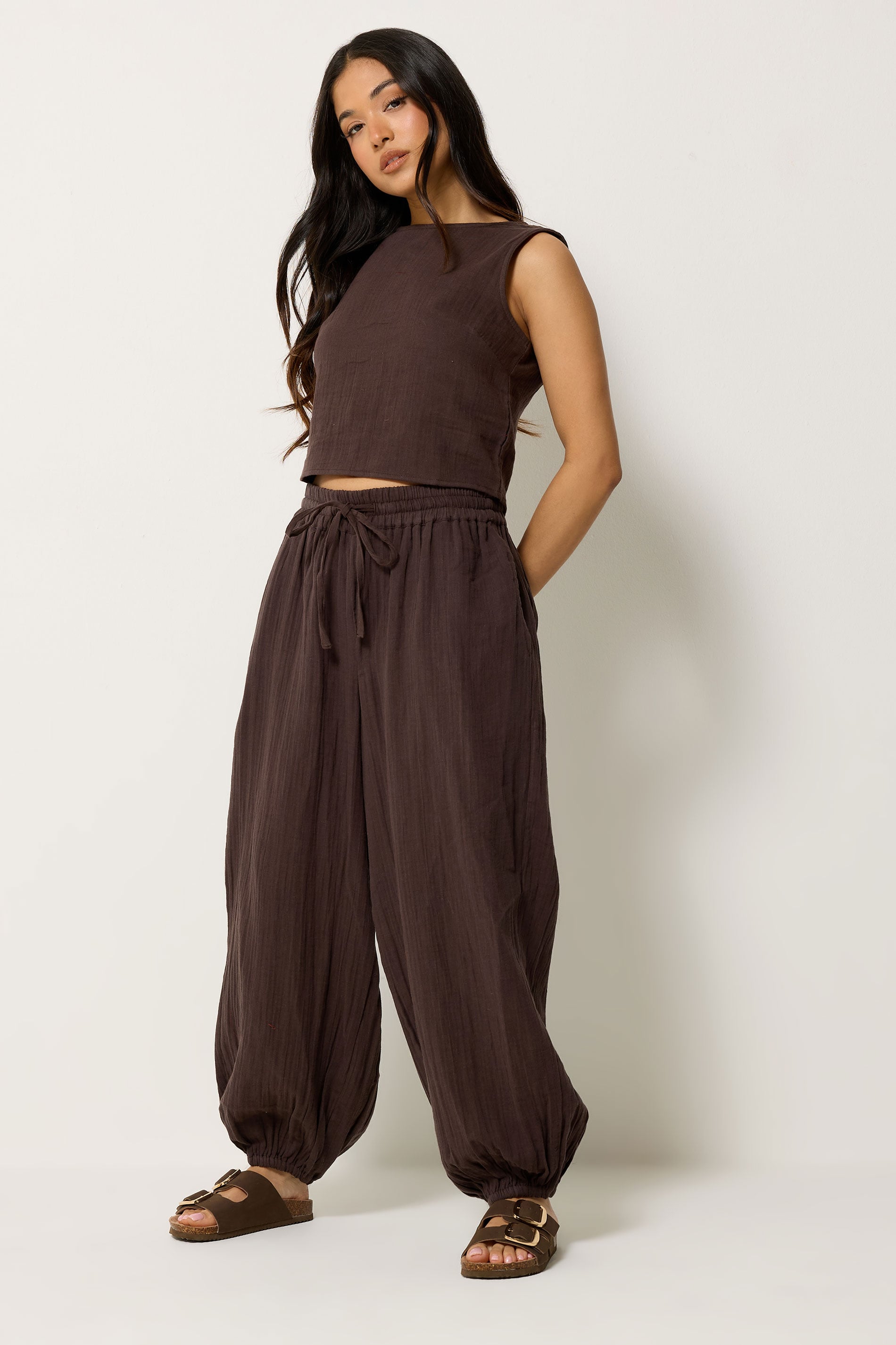 PixieGirl Petite Women's Set Chocolate Brown Cotton Cheesecloth Top & Balloon Trousers | PixieGirl 1