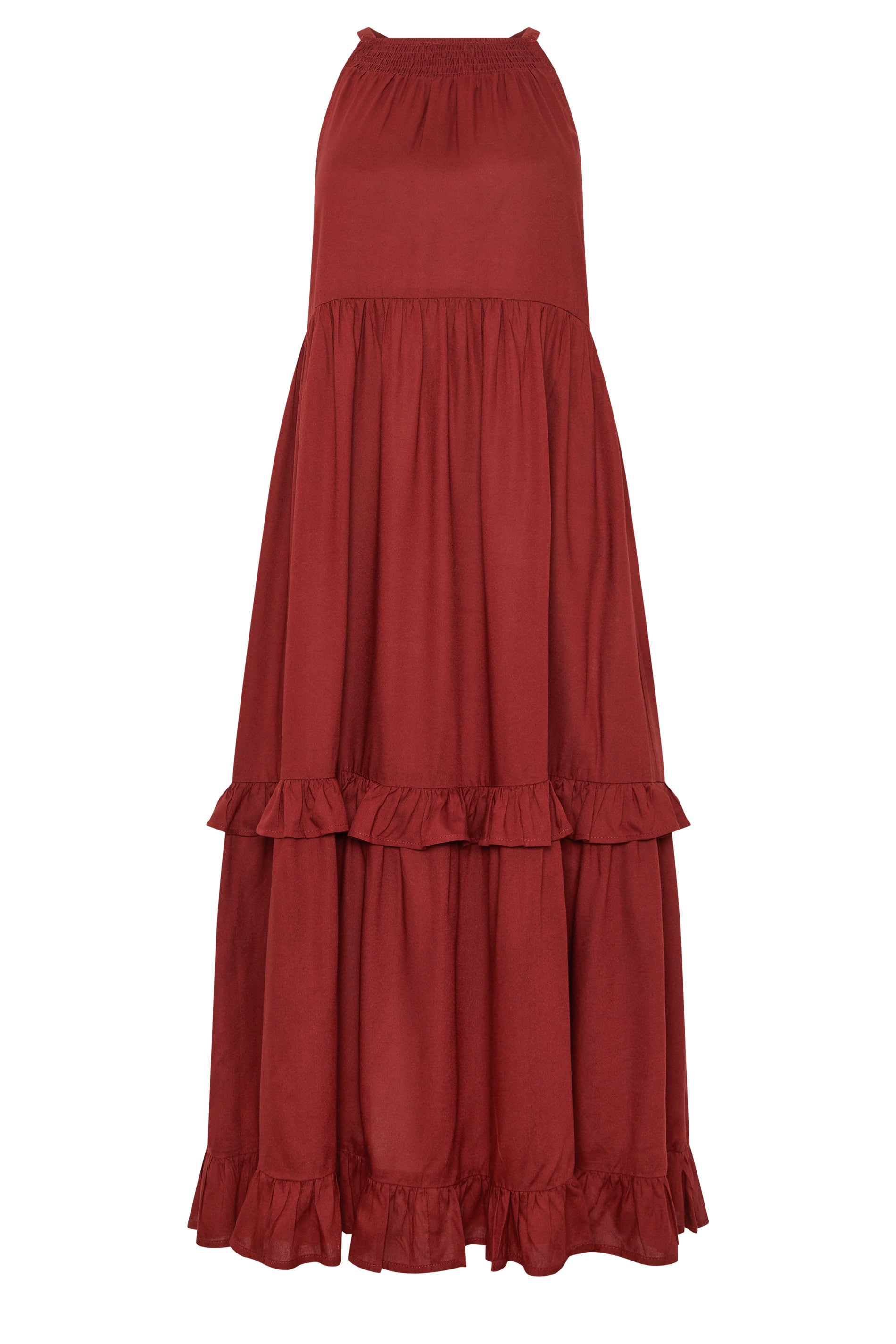 PixieGirl Petite Women's Red Halter Neck Tiered Maxi Dress | PixieGirl 5