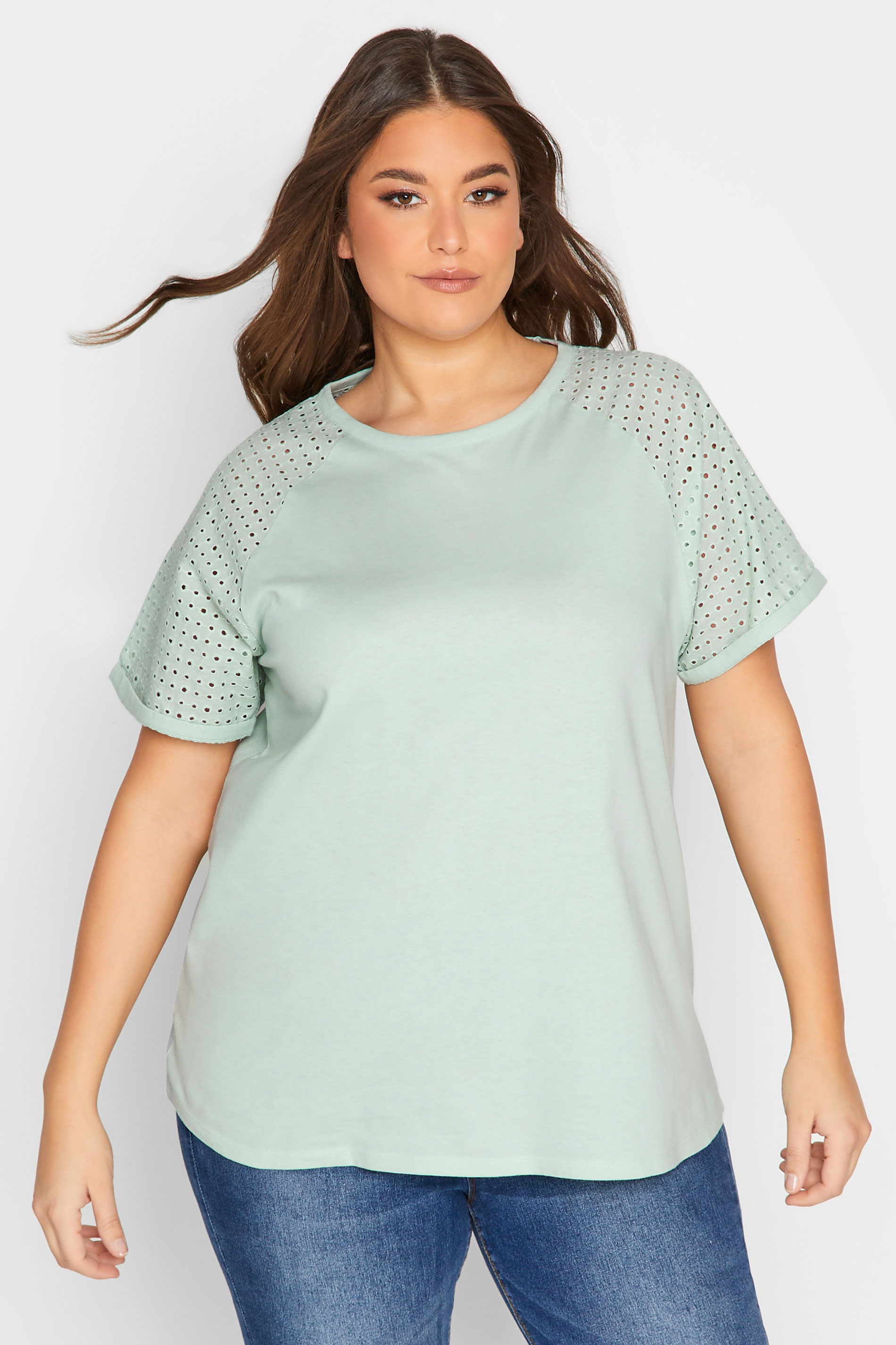 YOURS Plus Size Mint Green Broderie Anglaise Raglan T-Shirt | Yours Clothing 1