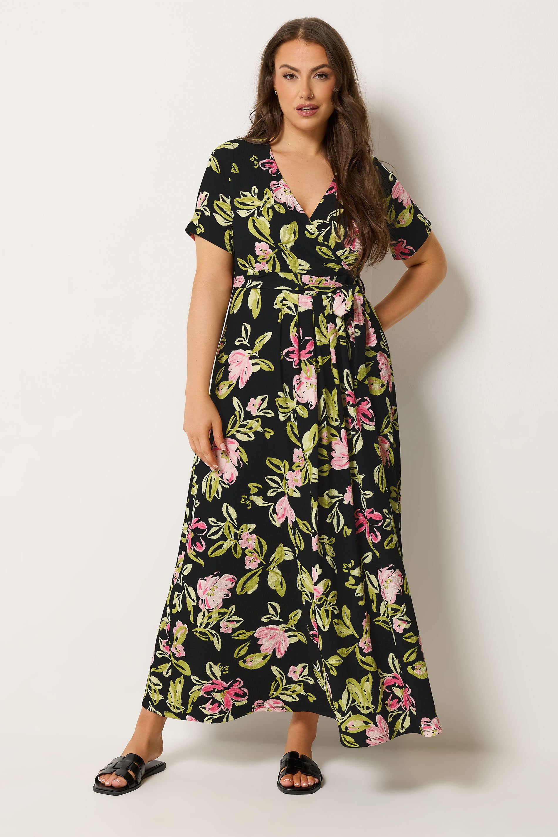 YOURS Plus Size Black Floral Wrap Front Textured Dress | Yours Clothing 1