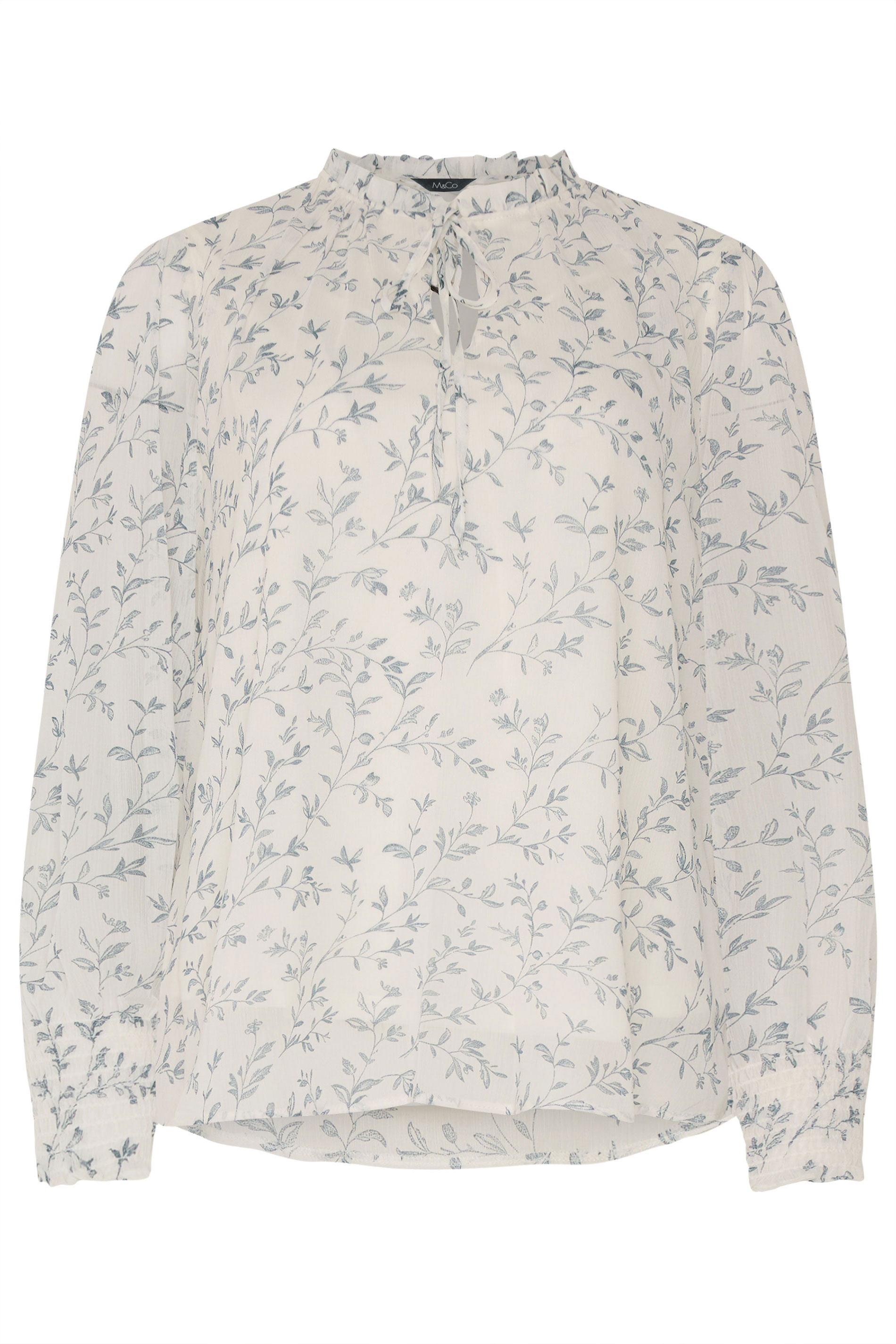 M&Co White & Blue Leaf Print Tie Neck Blouse | M&Co 5
