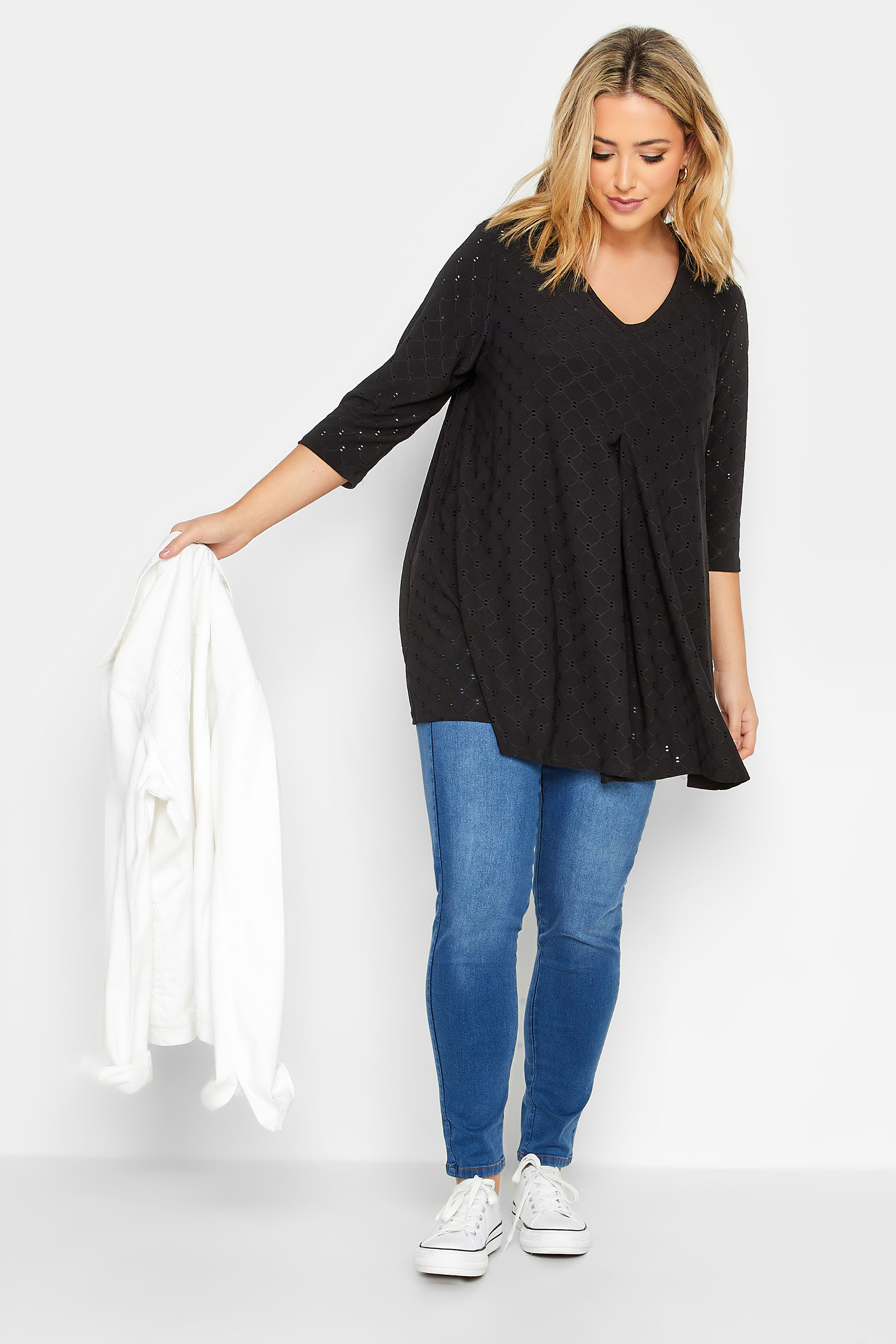 Plus Size Black Broderie Anglaise V-Neck Top | Yours Clothing 2