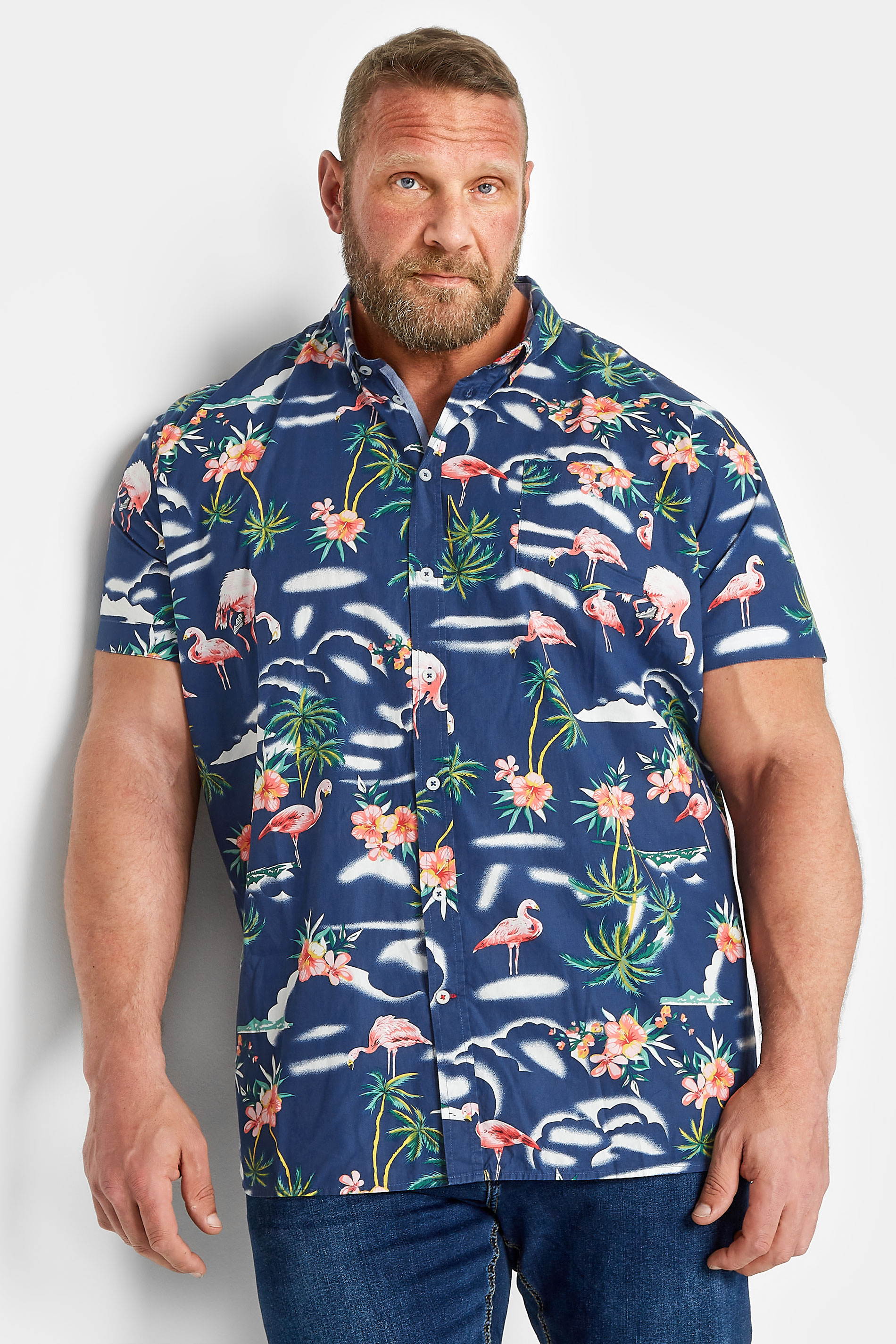 D555 Big & Tall Blue Flamingo Hawaiian Print Shirt | BadRhino 1