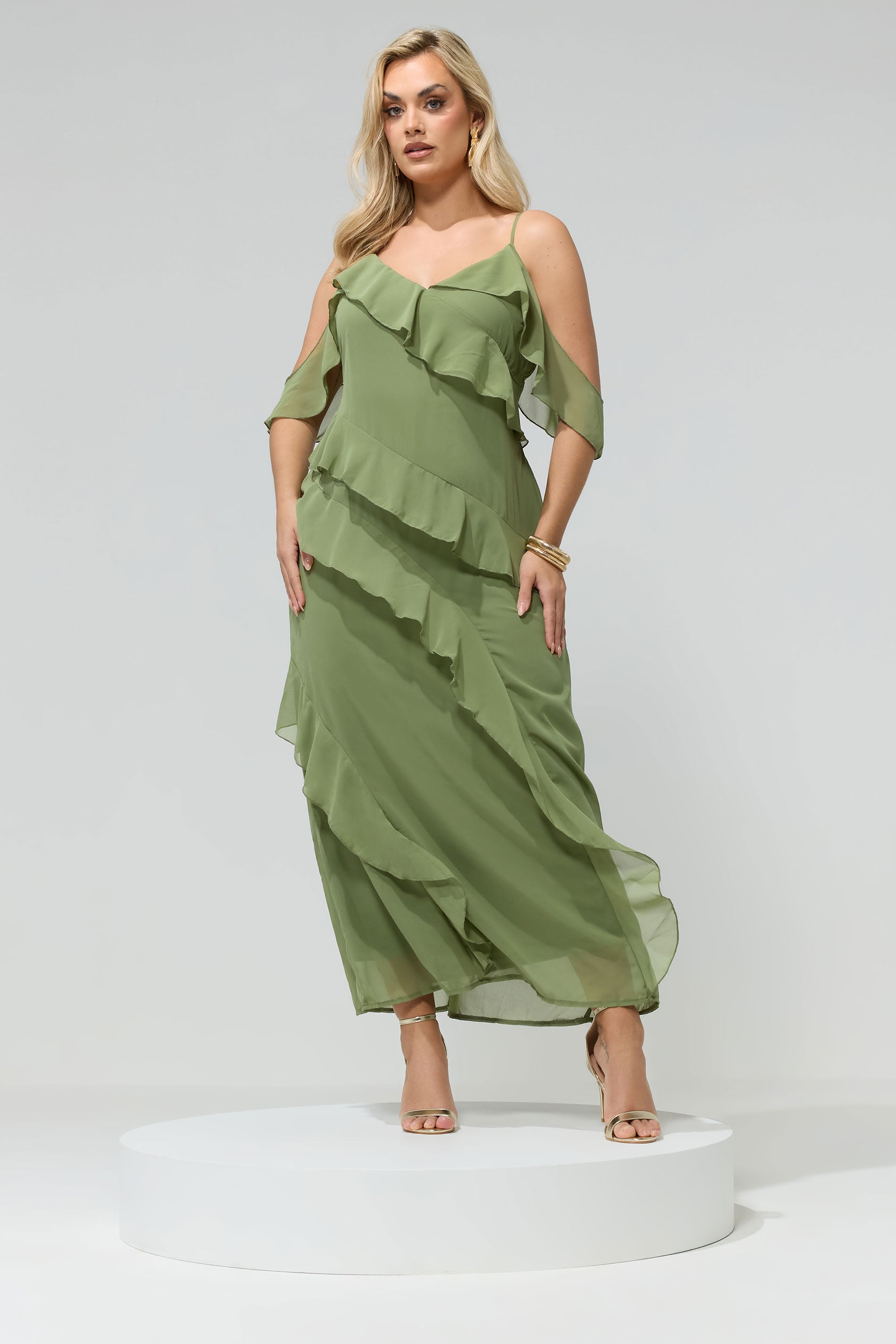 YOURS LONDON Plus Size Olive Green Ruffle Cold Shoulder Dress | Yours Clothing 2
