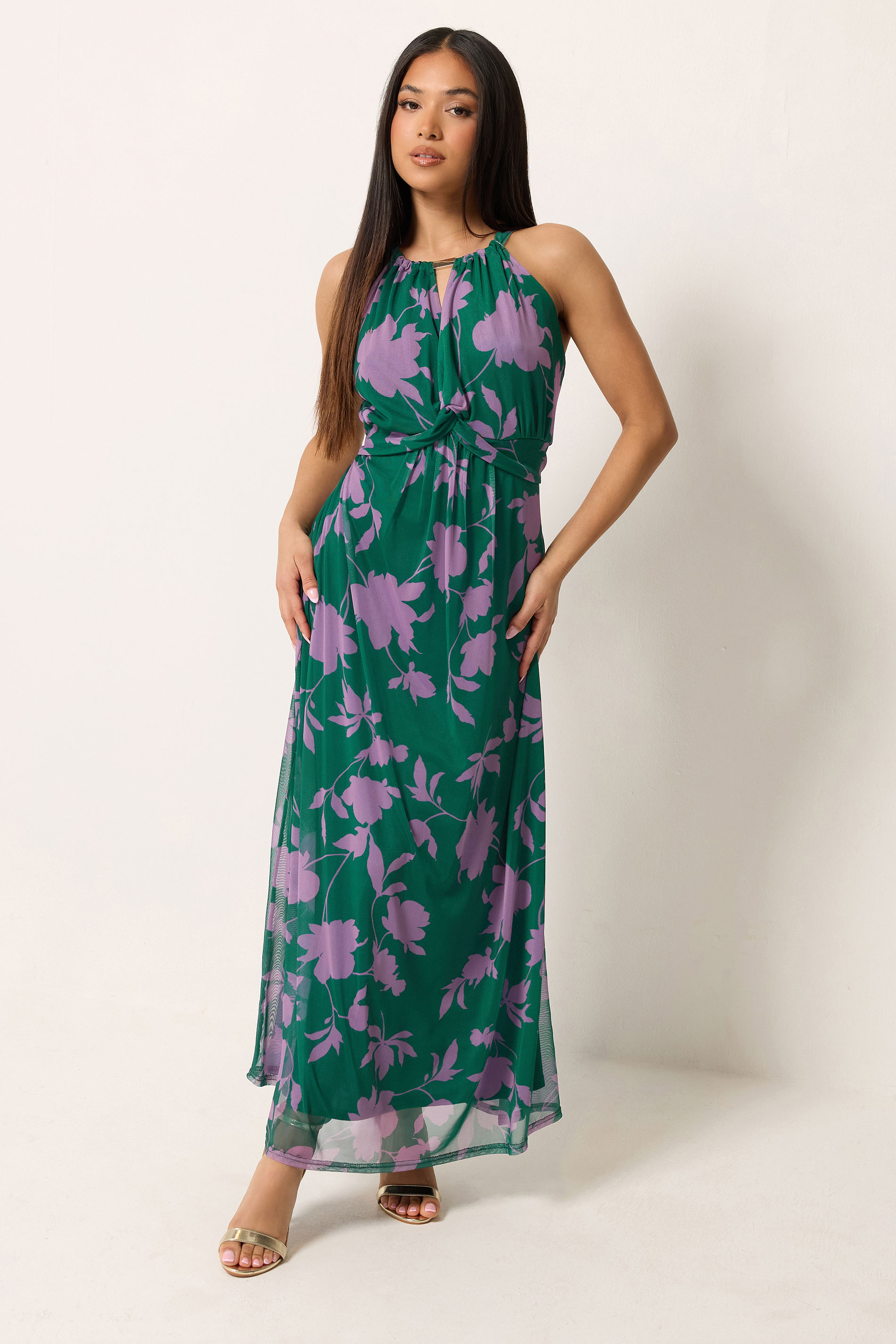 M&Co Petite Teal Mesh Knot Front Halter Neck Maxi Dress | M&Co 1