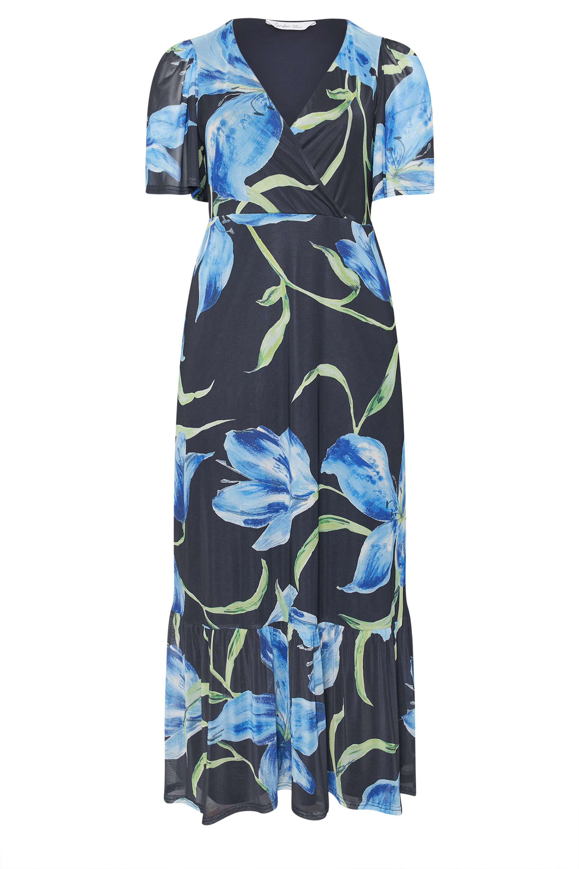 YOURS LONDON Plus Size Navy Blue Floral Wrap Ruffle Hem Dress | Yours Clothing 5