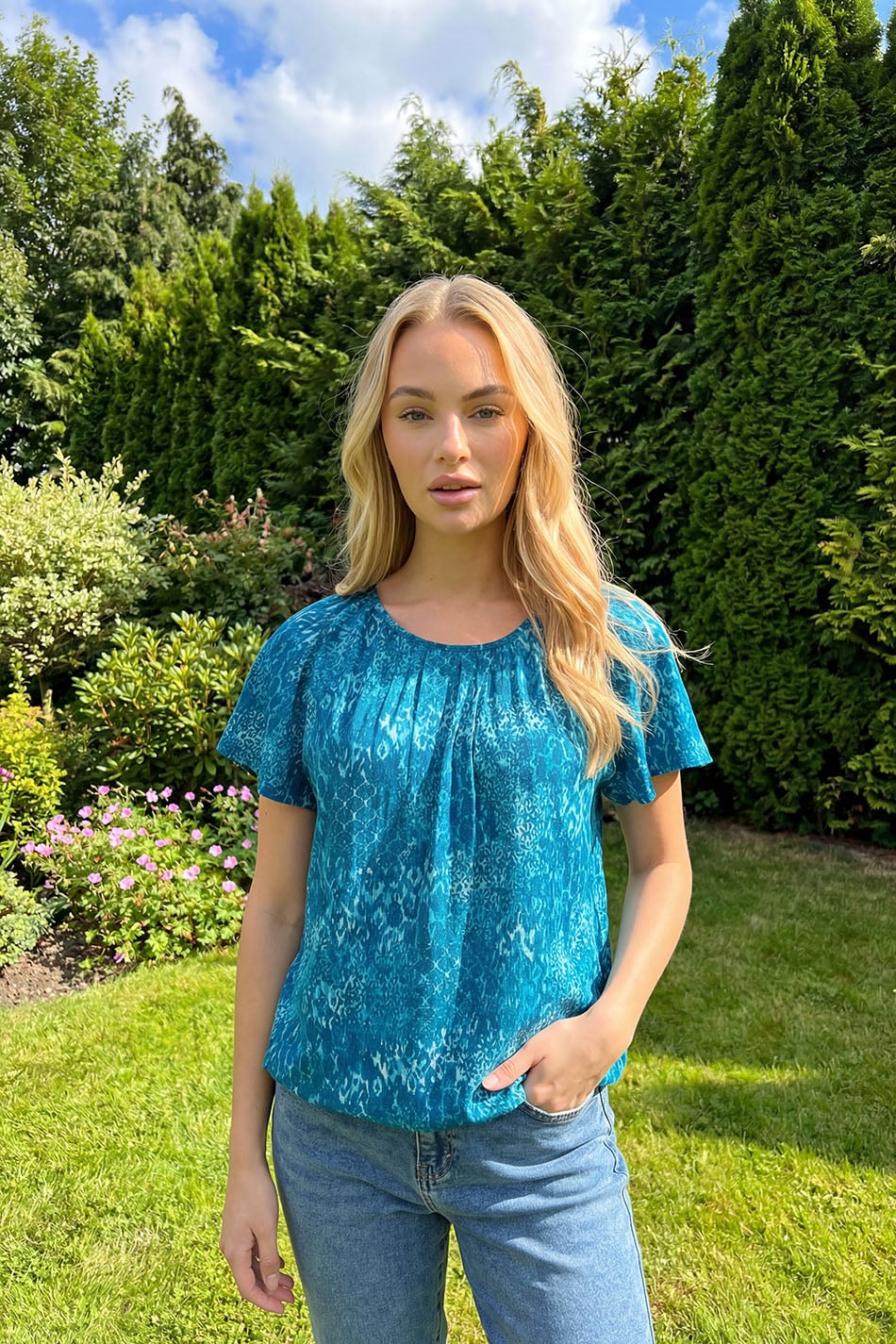 M&Co Blue Mixed Patchwork Print Cotton Scoop Neck Top | M&Co 3