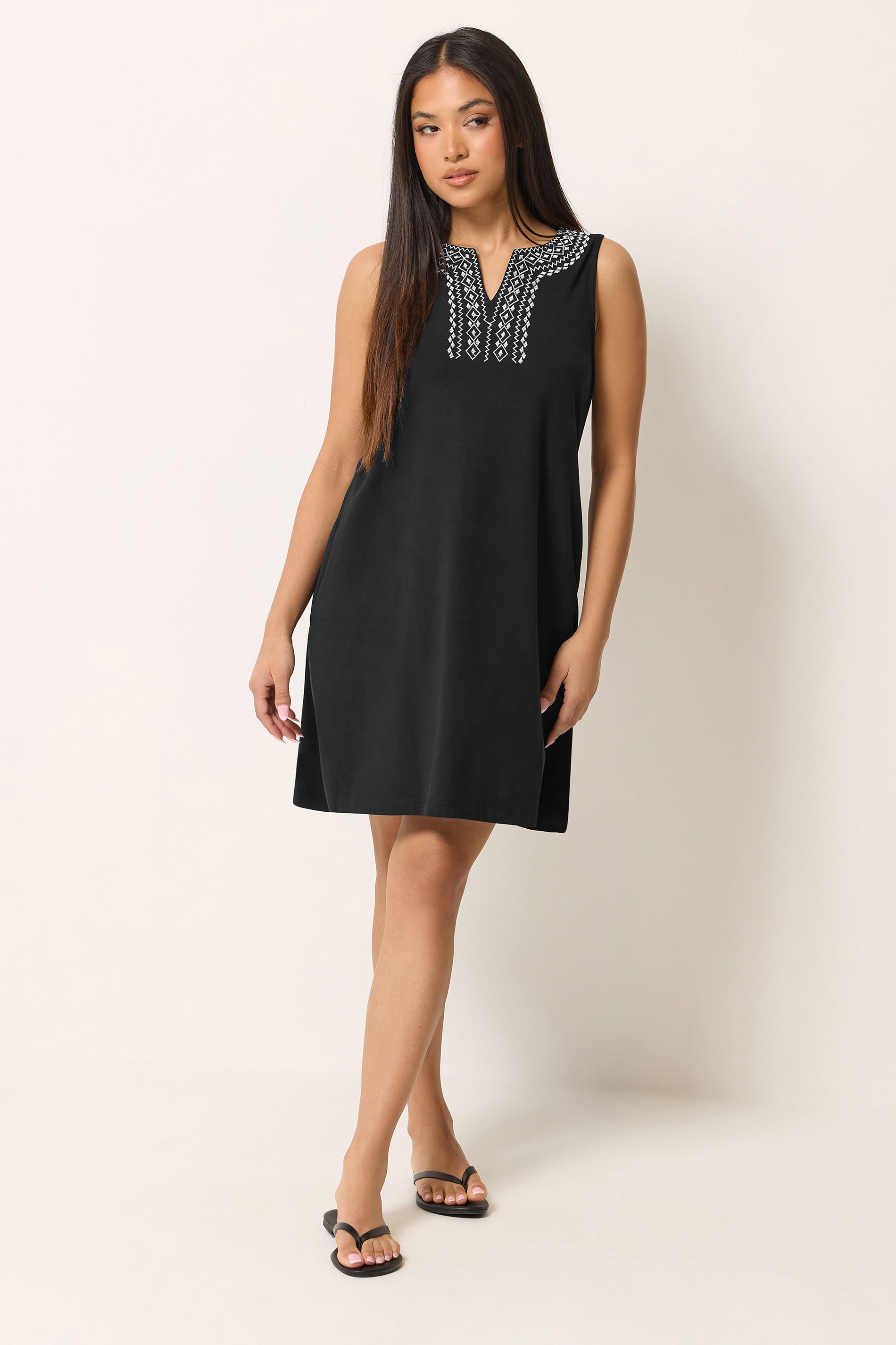 M&Co Petite Black Embroidered Neck Cotton Midi Dress | M&Co 2