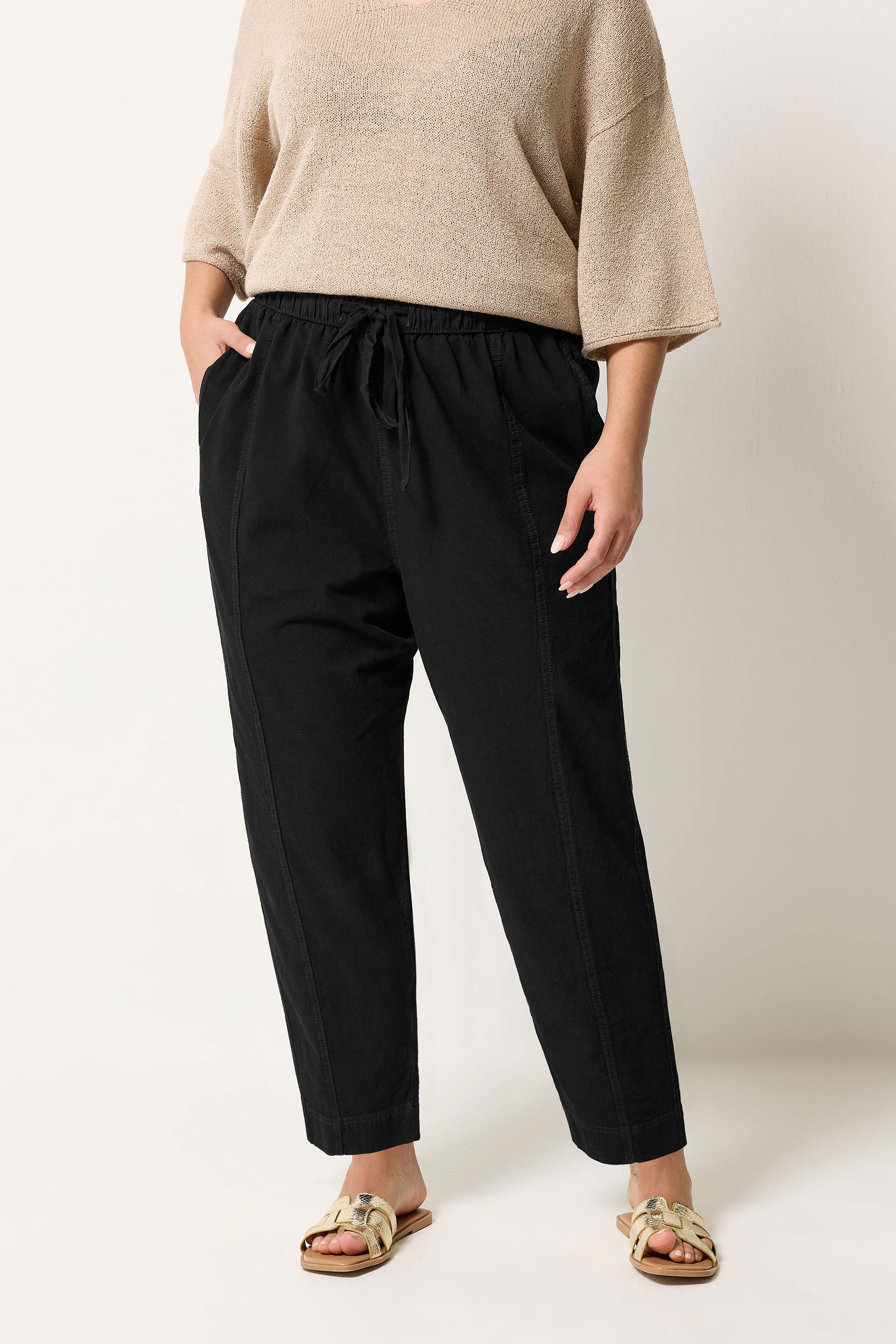 YOURS Plus Size Black  Cool Cotton Barrel Leg Trousers | Yours Clothing 1