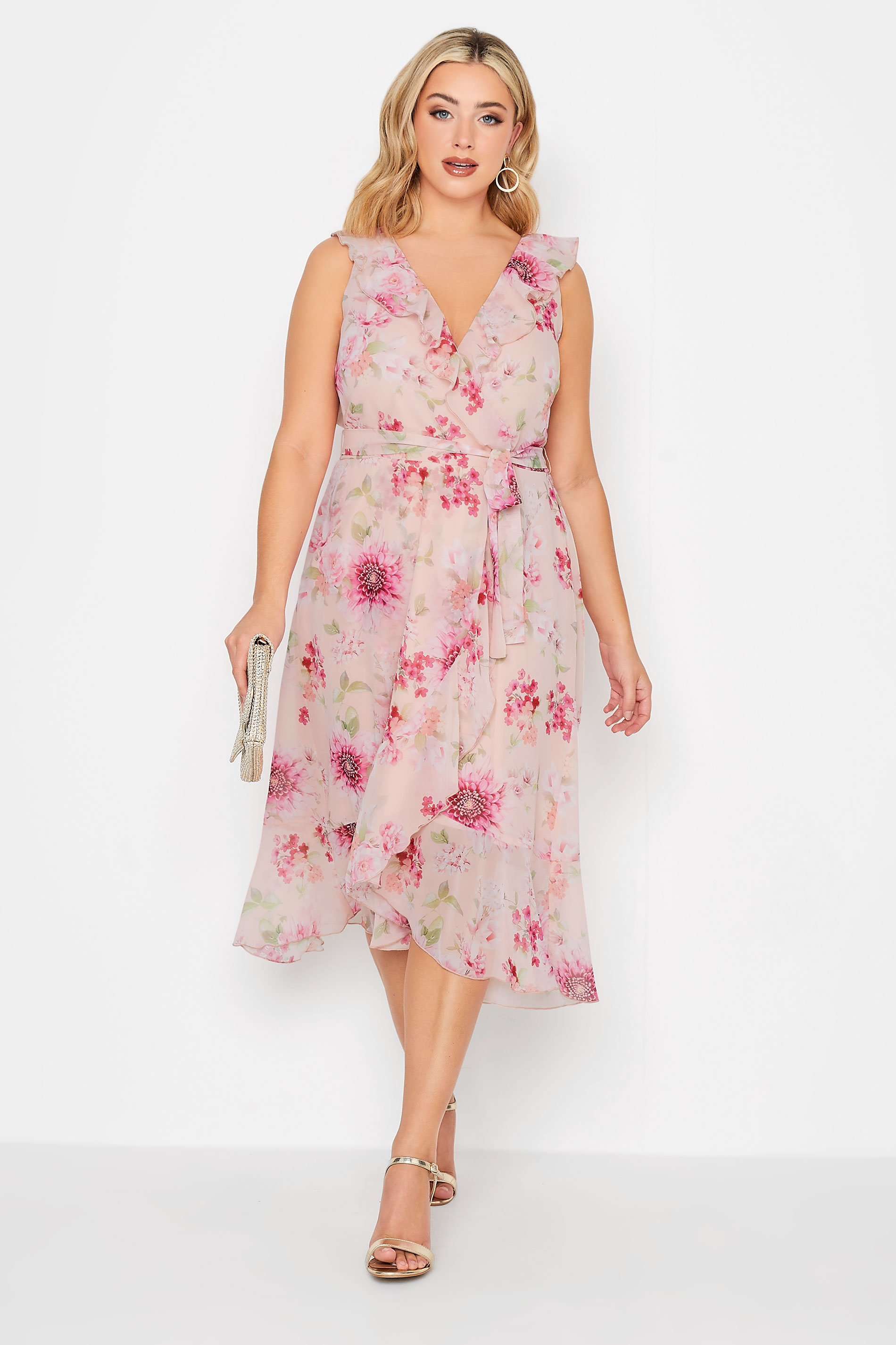 YOURS LONDON Plus Size Curve Pink Floral Print Double Ruffle Wrap Dress | Yours Clothing  1