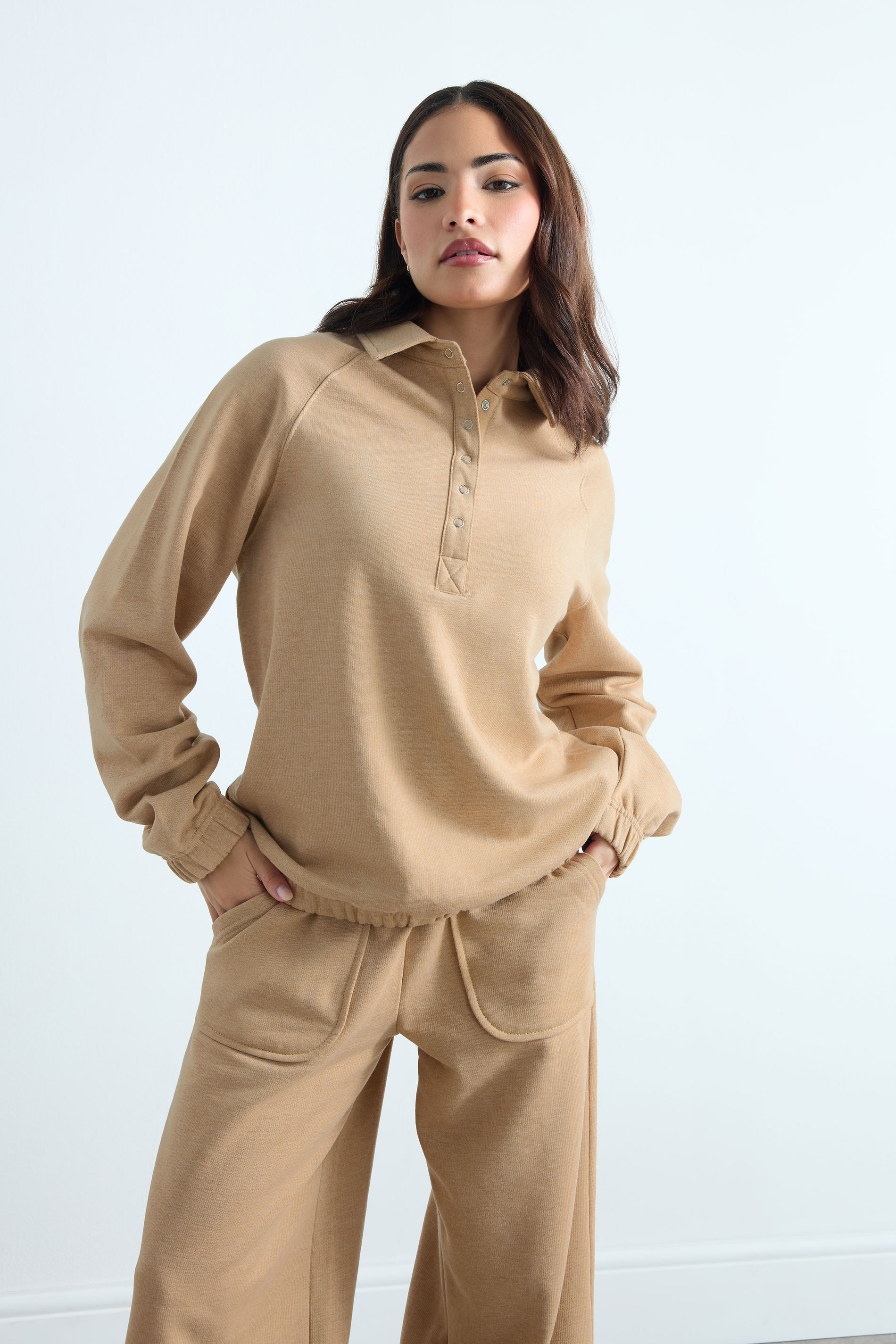 PixieGirl Petite Women's Natural Brown Button Collar Sweatshirt | PixieGirl 3