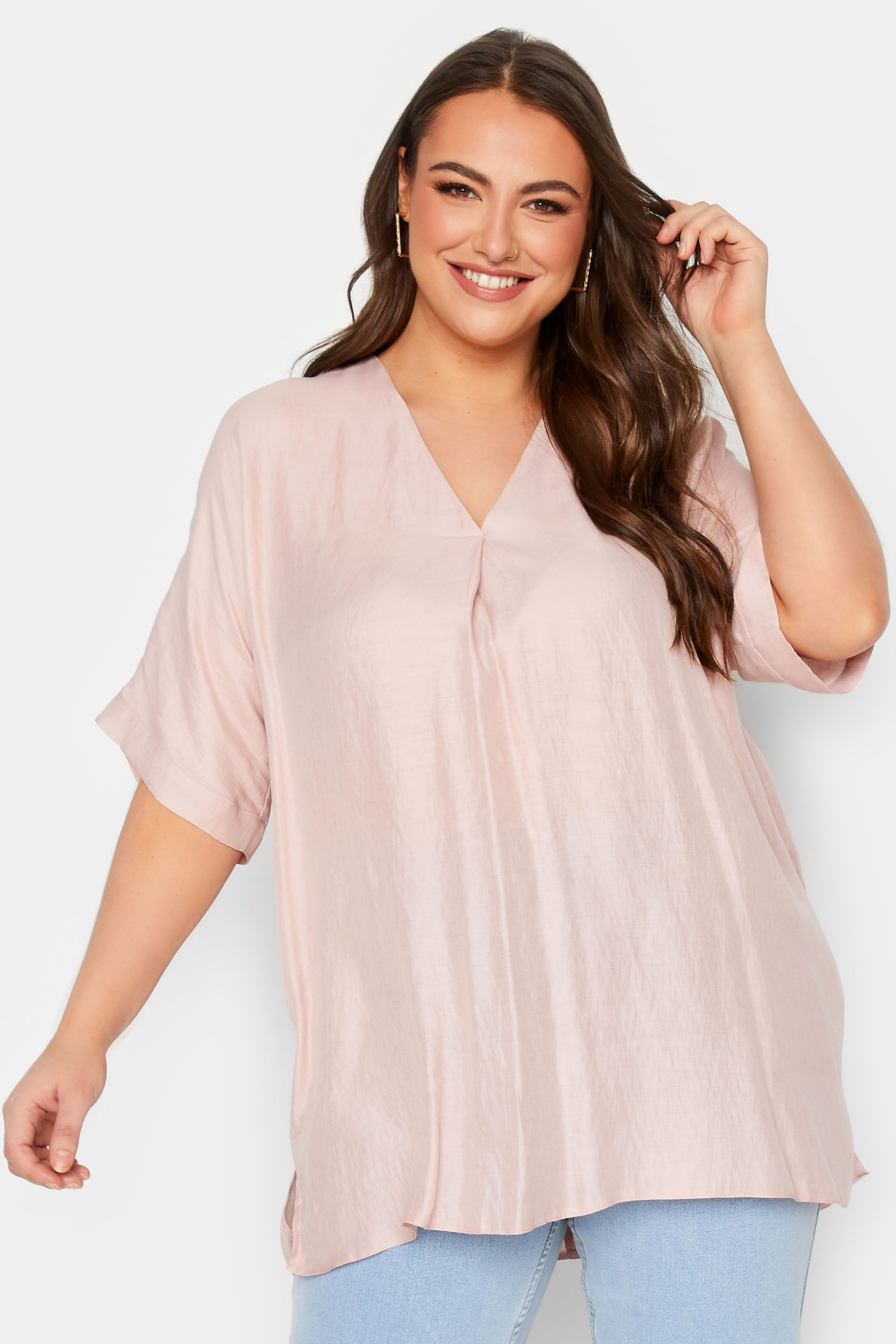 YOURS Curve Plus Size Light Pink V-Neck Top | Yours Clothing  1