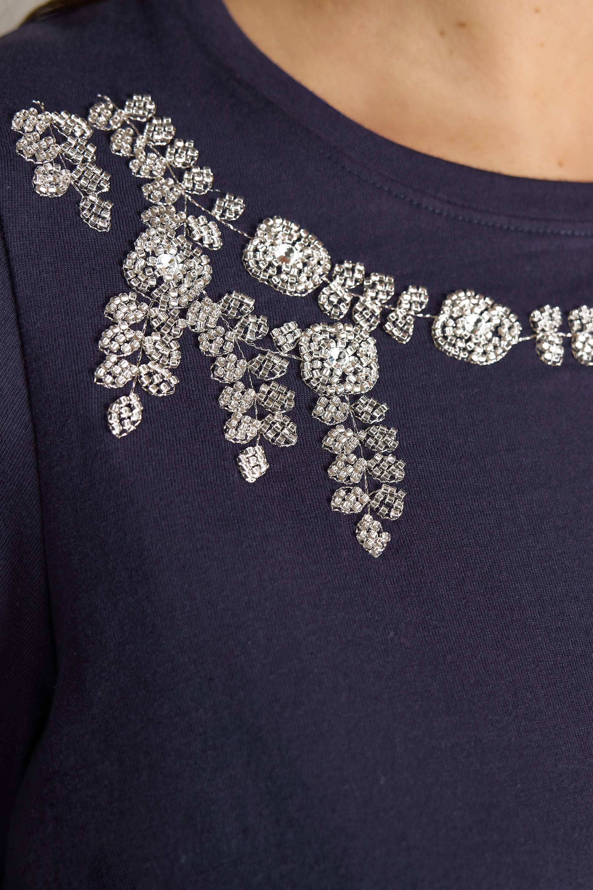 EVANS Plus Size Navy Blue Beaded Flower T-Shirt | Evans 5