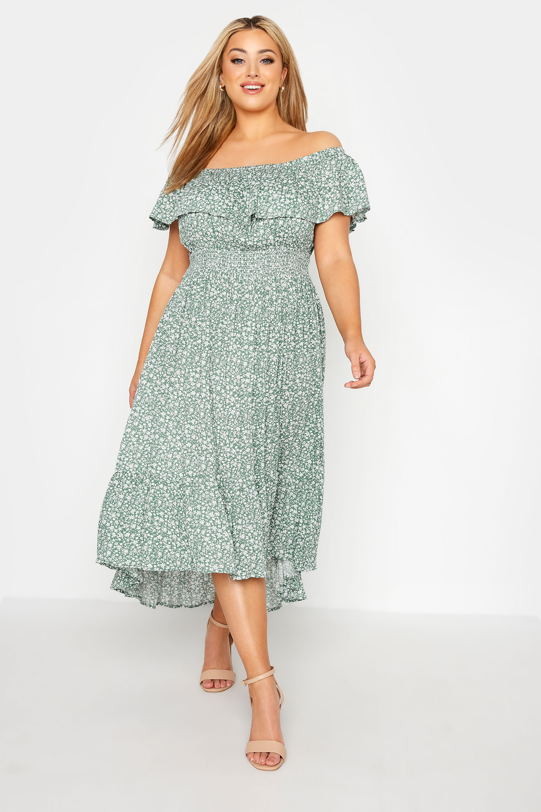 YOURS LONDON Curve Green Ditsy Floral Bardot Dress_A.jpg