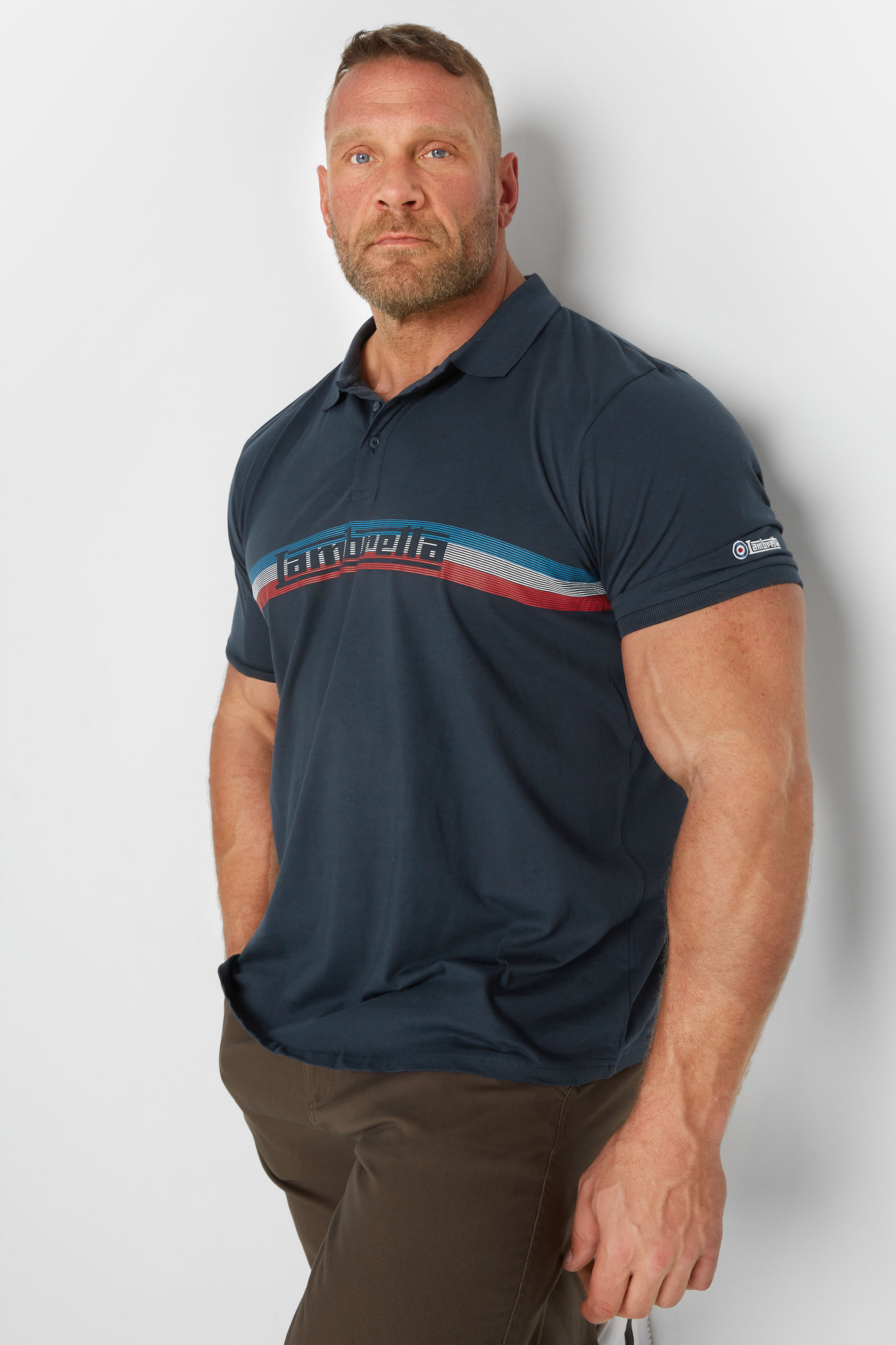 LAMBRETTA Big & Tall Navy Blue Stripe Logo Polo Shirt 1