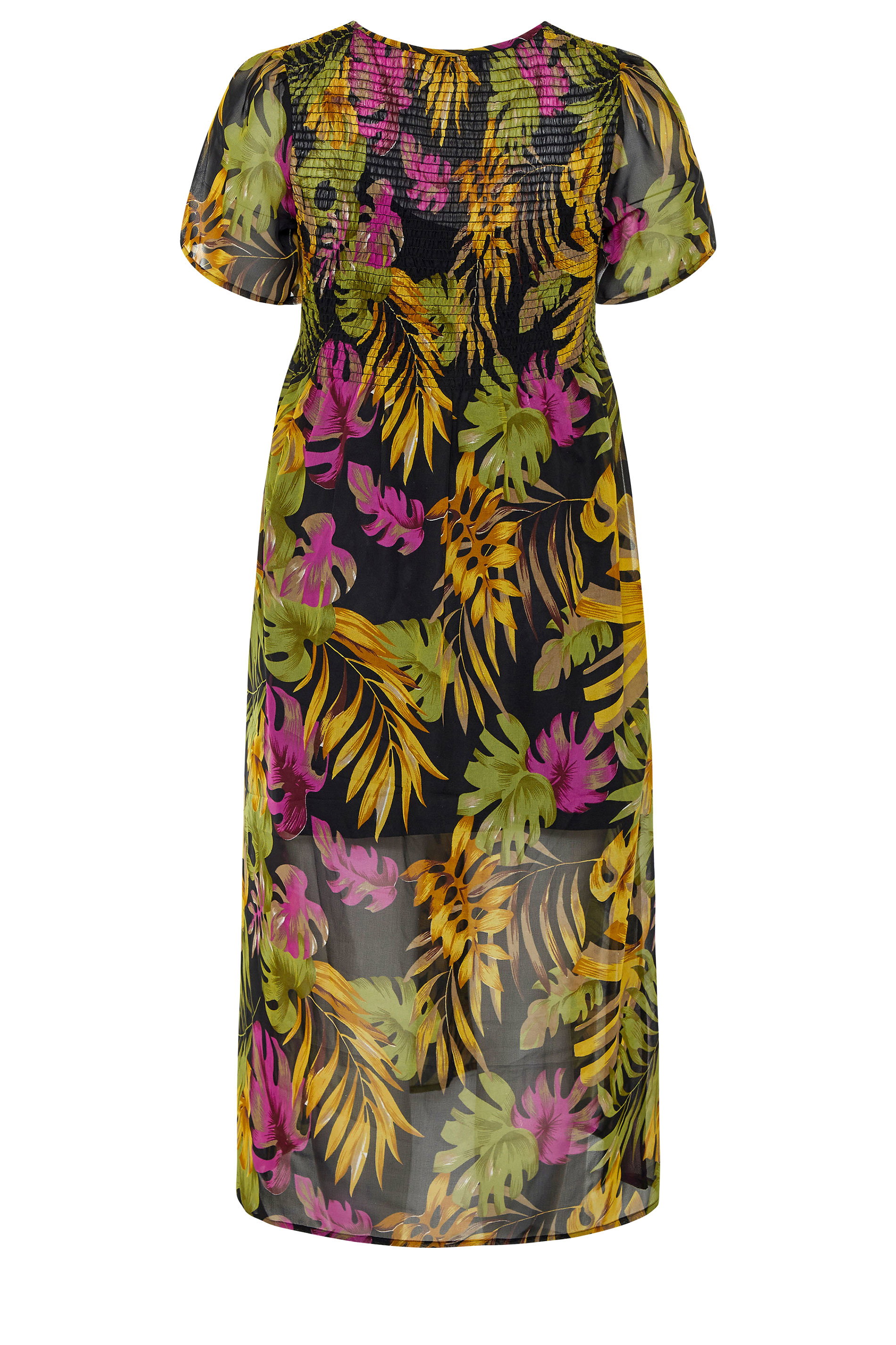 Black Tropical Leaf Shirred Maxi Dress 