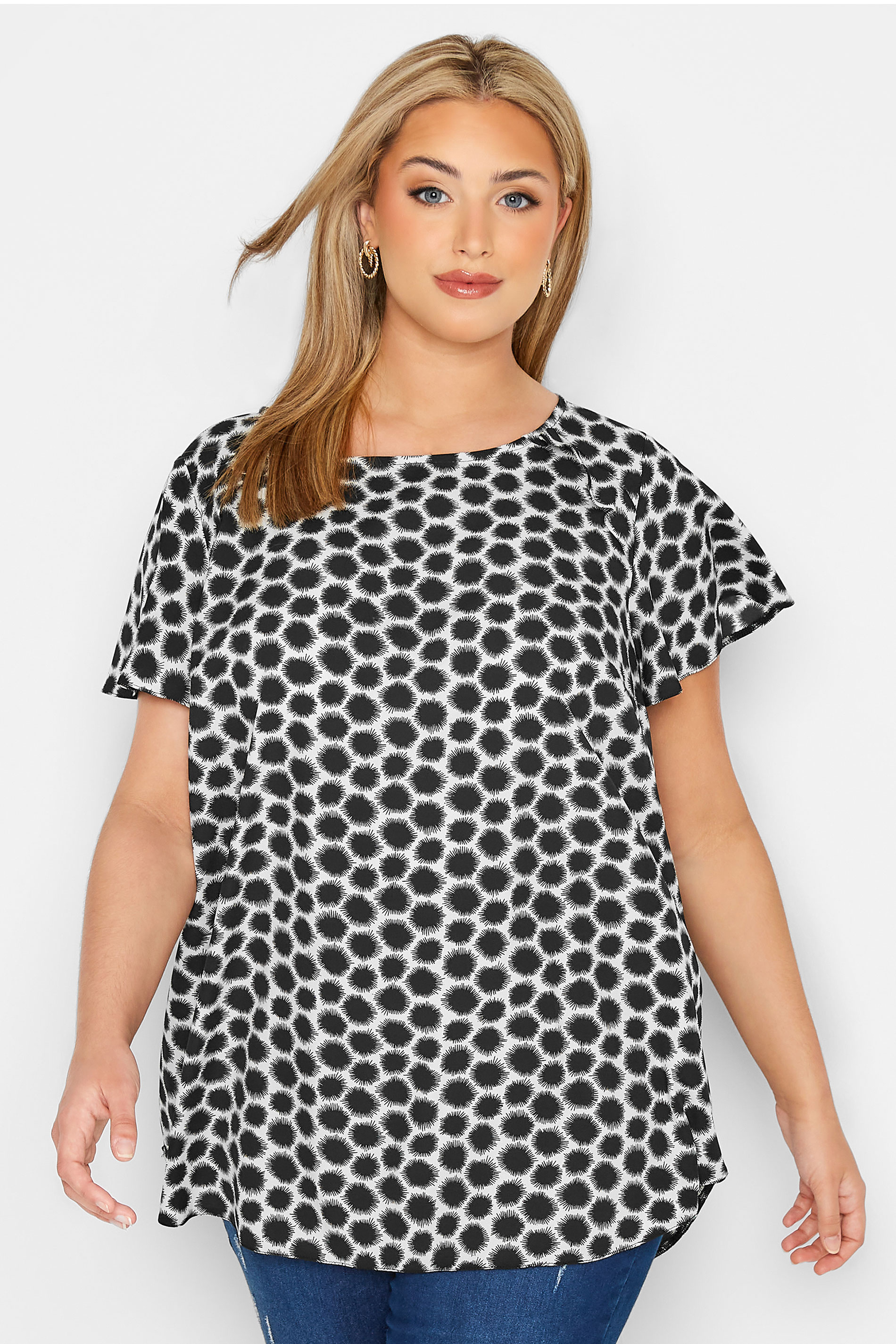Plus Size Black Spot Print Frill Shoulder Top | Yours Clothing 1