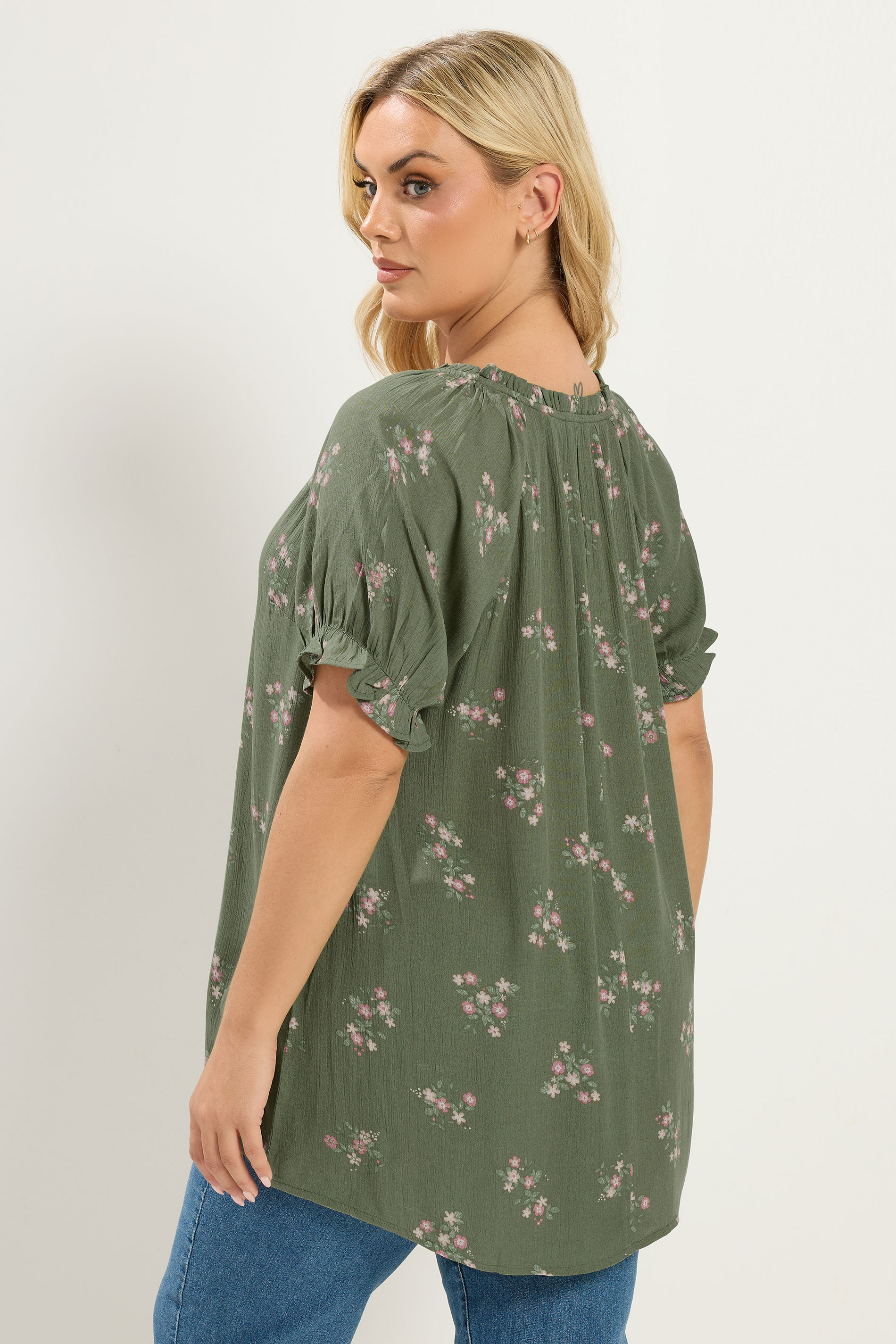 YOURS Plus Size Green Floral Notch Neck Blouse | Yours Clothing 2