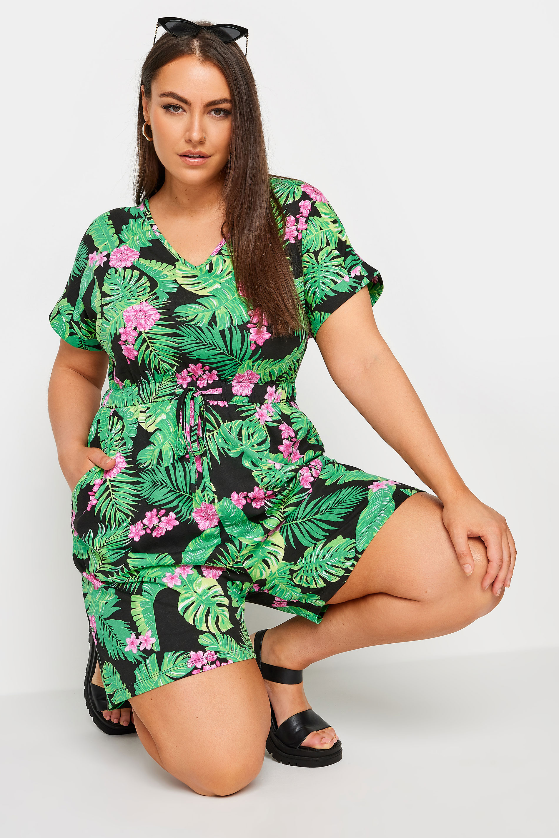 YOURS Plus Size Black Tropical Print Drawstring Playsuit | Yours Clothing 2