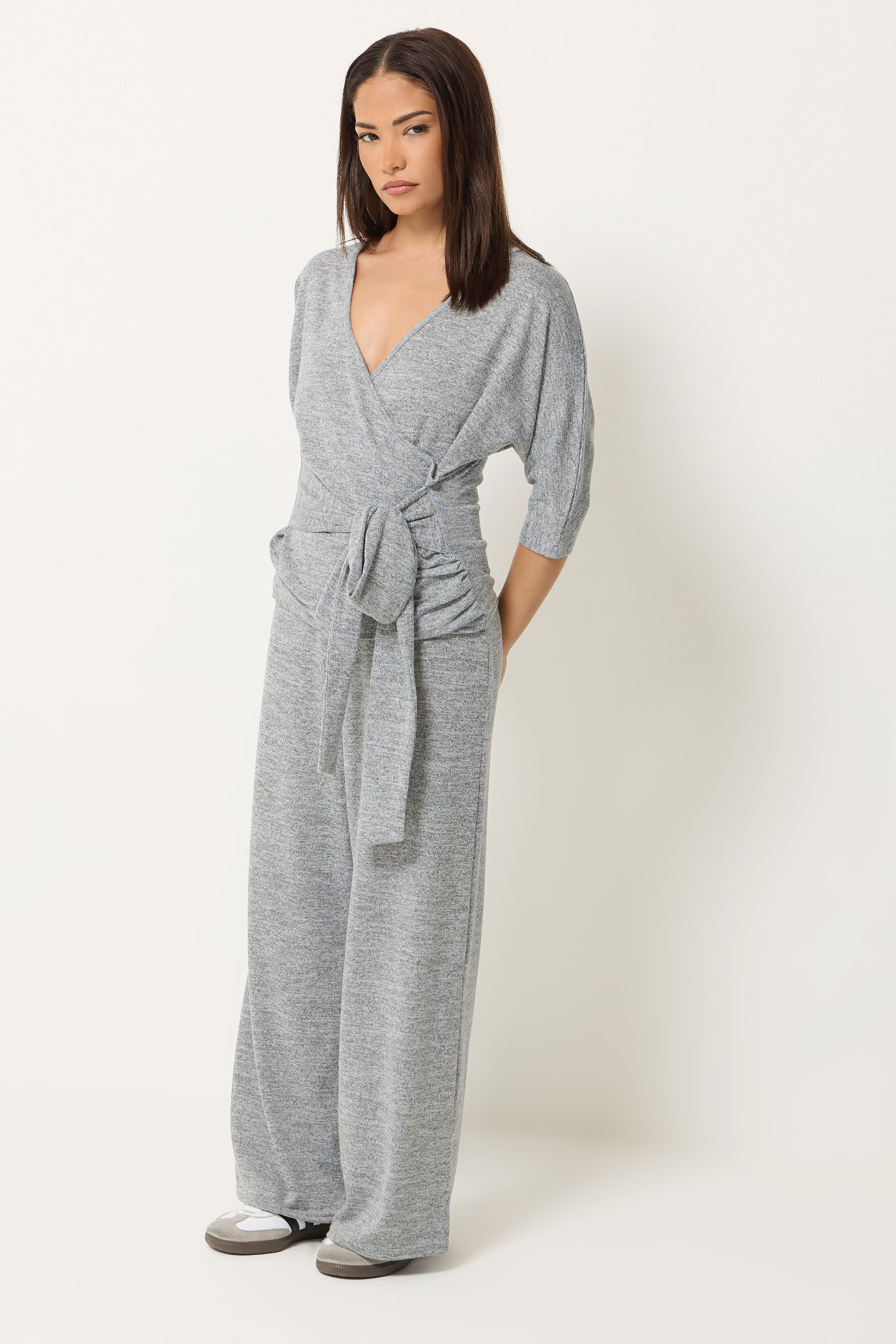 PixieGirl Petite Women's Set Grey Marl Wrap Top & Wide Leg Trousers | PixieGirl 1