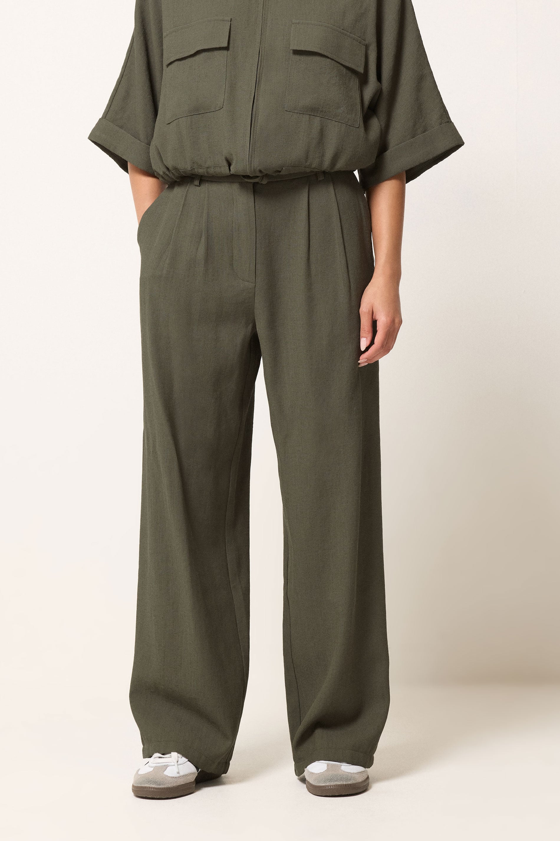 PixieGirl Petite Women's Green Wide Leg Trousers | PixieGirl 1