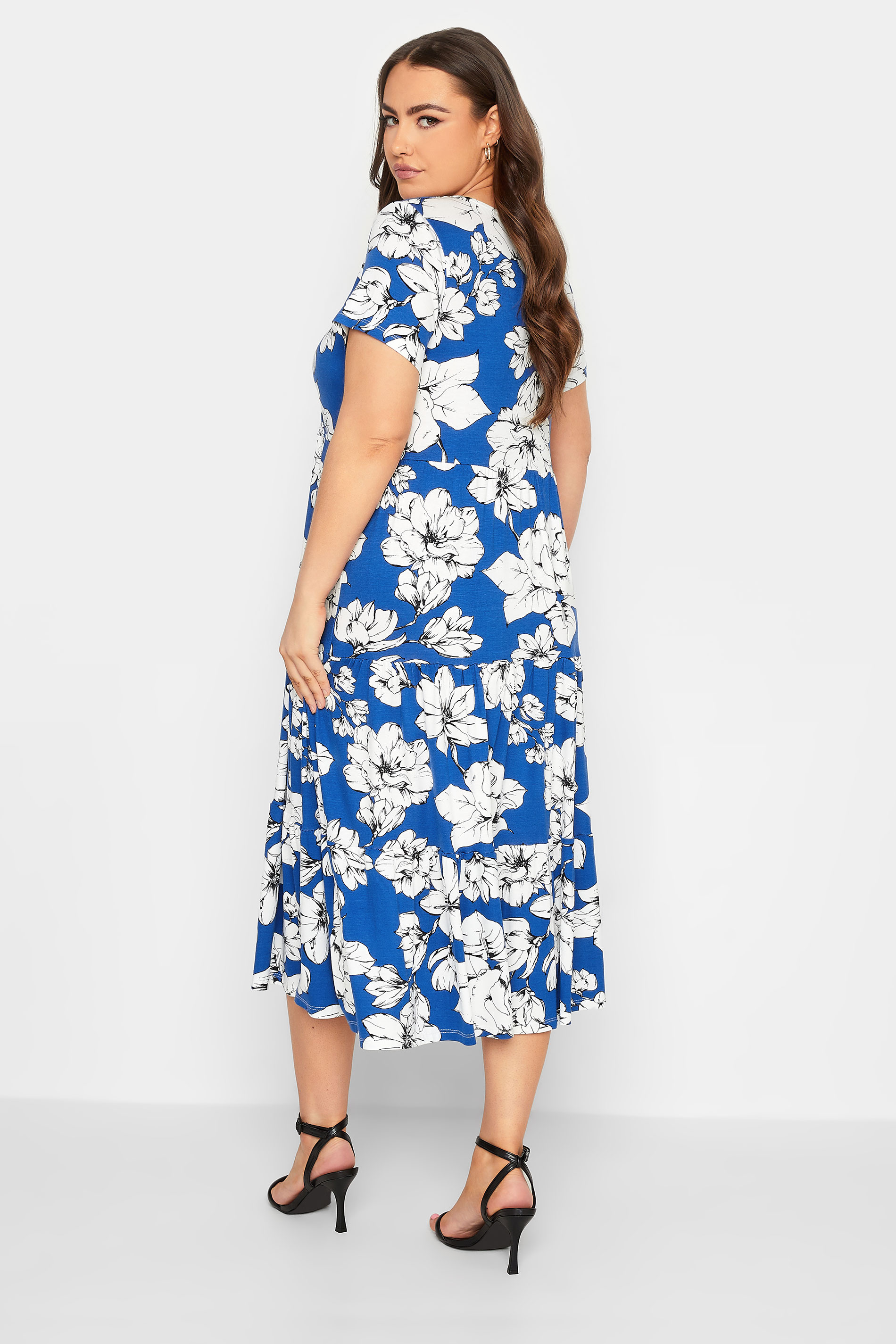 YOURS Plus Size Curve Cobalt Blue Floral V-Neck Tiered Wrap Dress | Yours Clothing  3