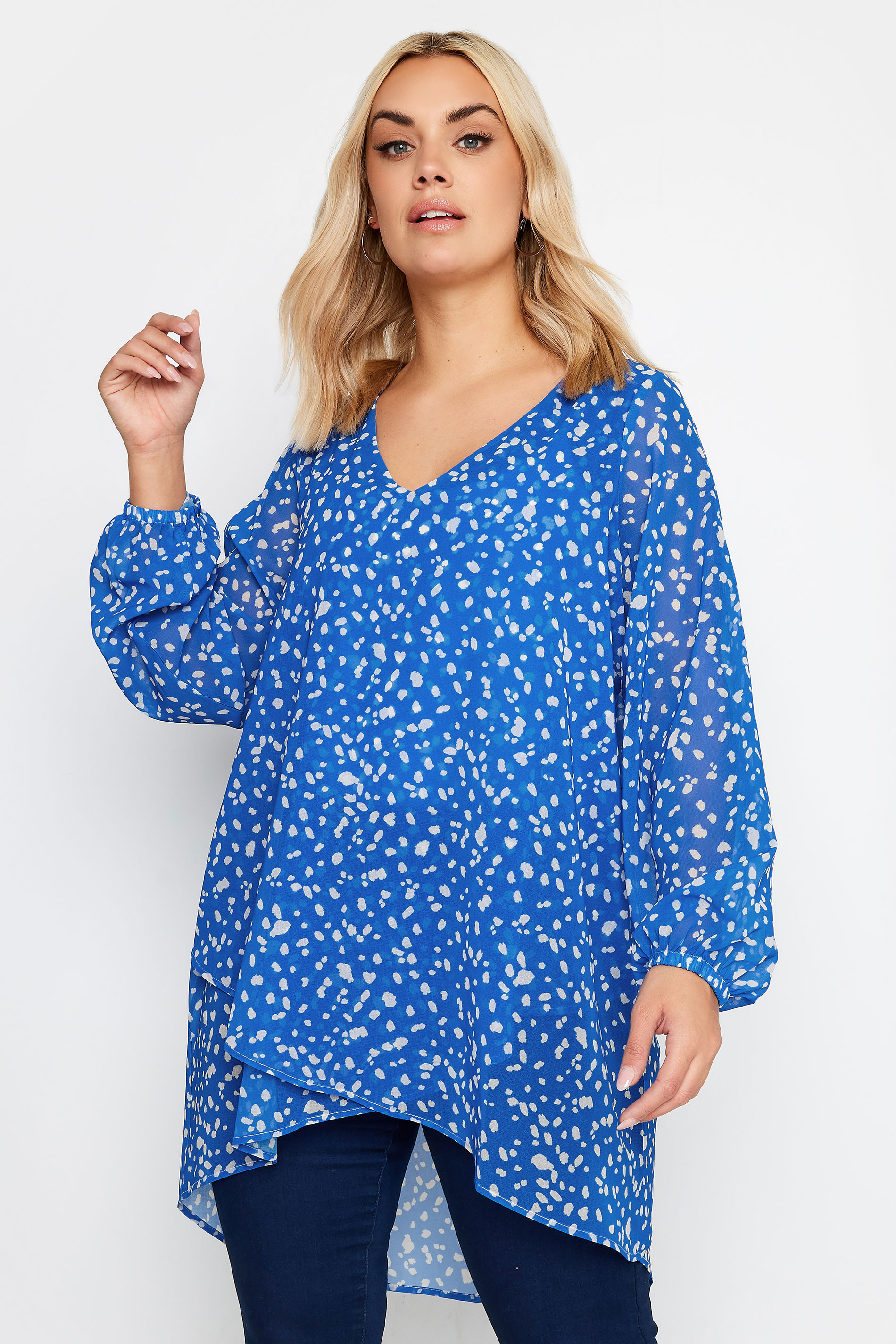 YOURS LONDON Plus Size Blue Dalmatian Print Wrap Front Blouse | Yours Clothing 1