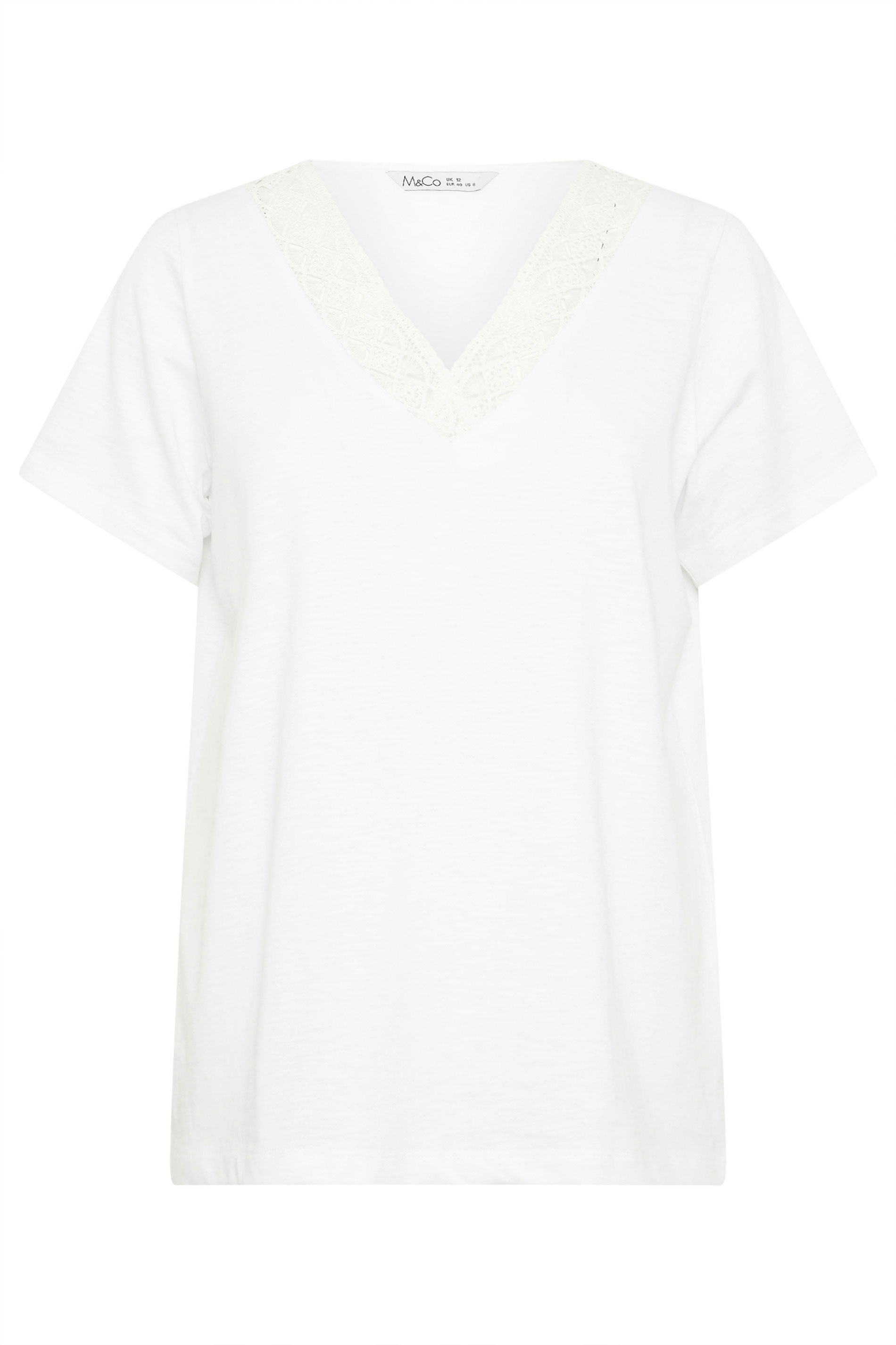 M&Co White Lace Trim V-Neck Cotton T-Shirt | M&Co 7