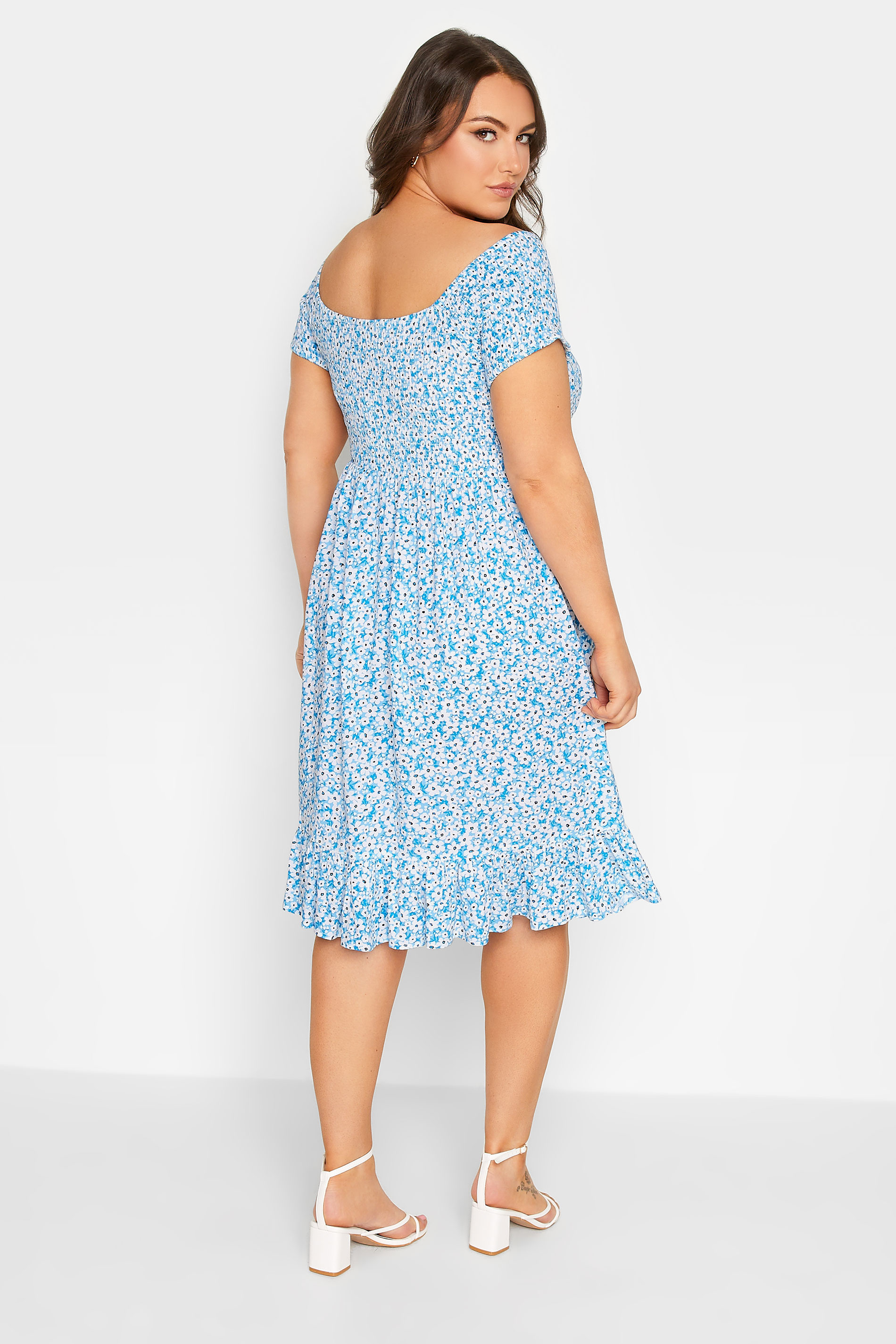 YOURS Plus Size Blue Ditsy Floral Bardot Midi Dress | Yours Clothing 3