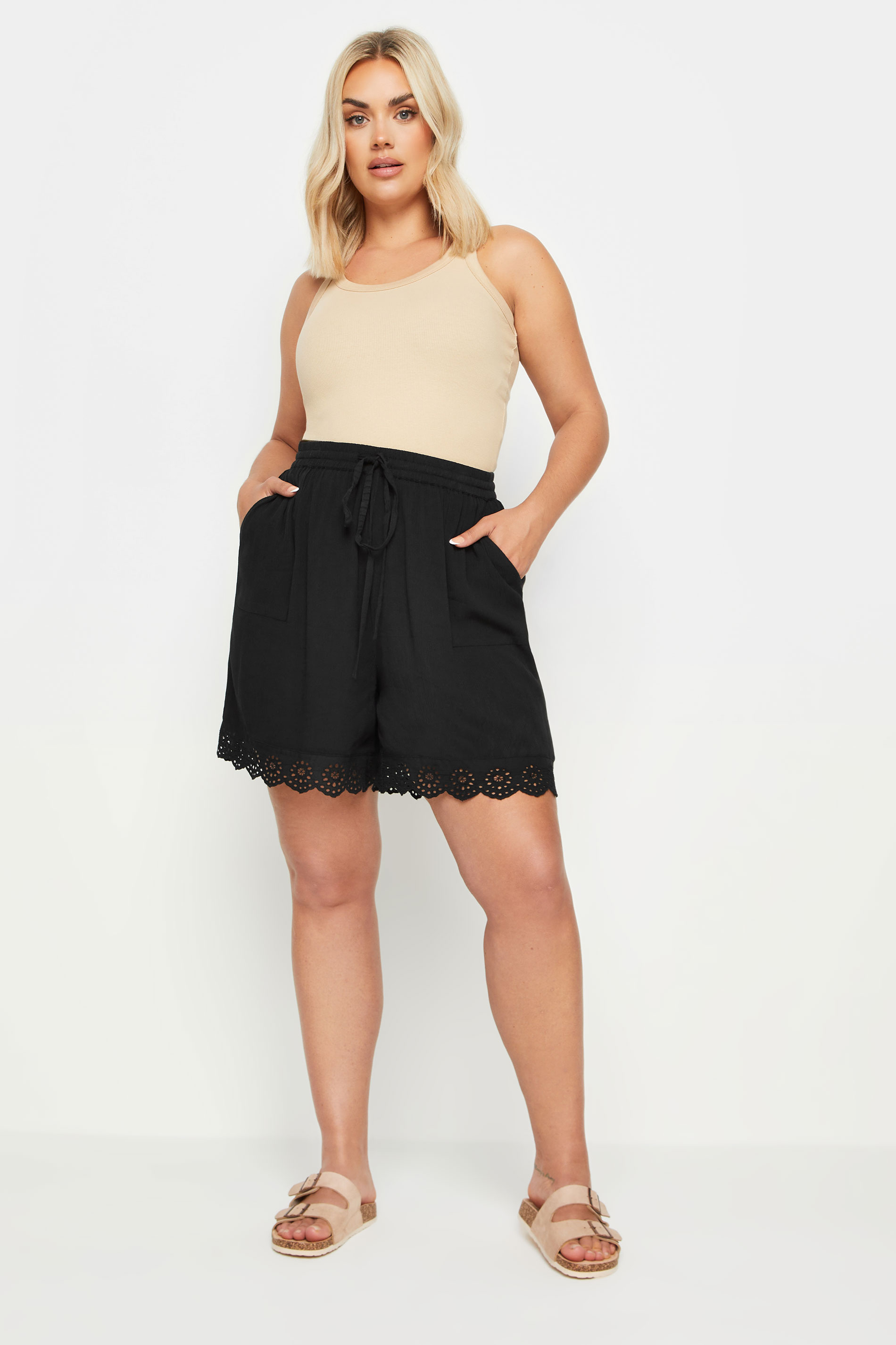 YOURS Plus Size Black Broderie Anglaise Scalloped Shorts | Yours Clothing 3