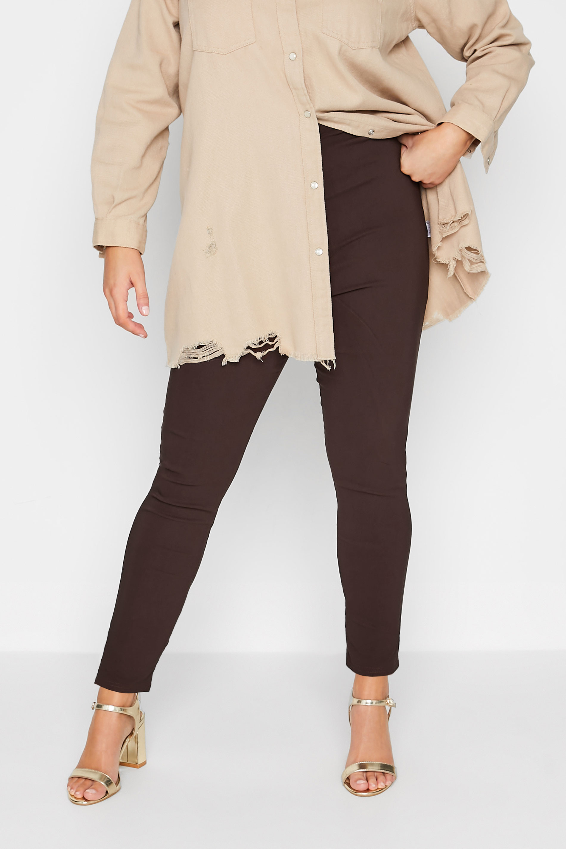 Curve Plus Size Brown Bengaline Pull On Stretch Trousers | Yours Clothing 1
