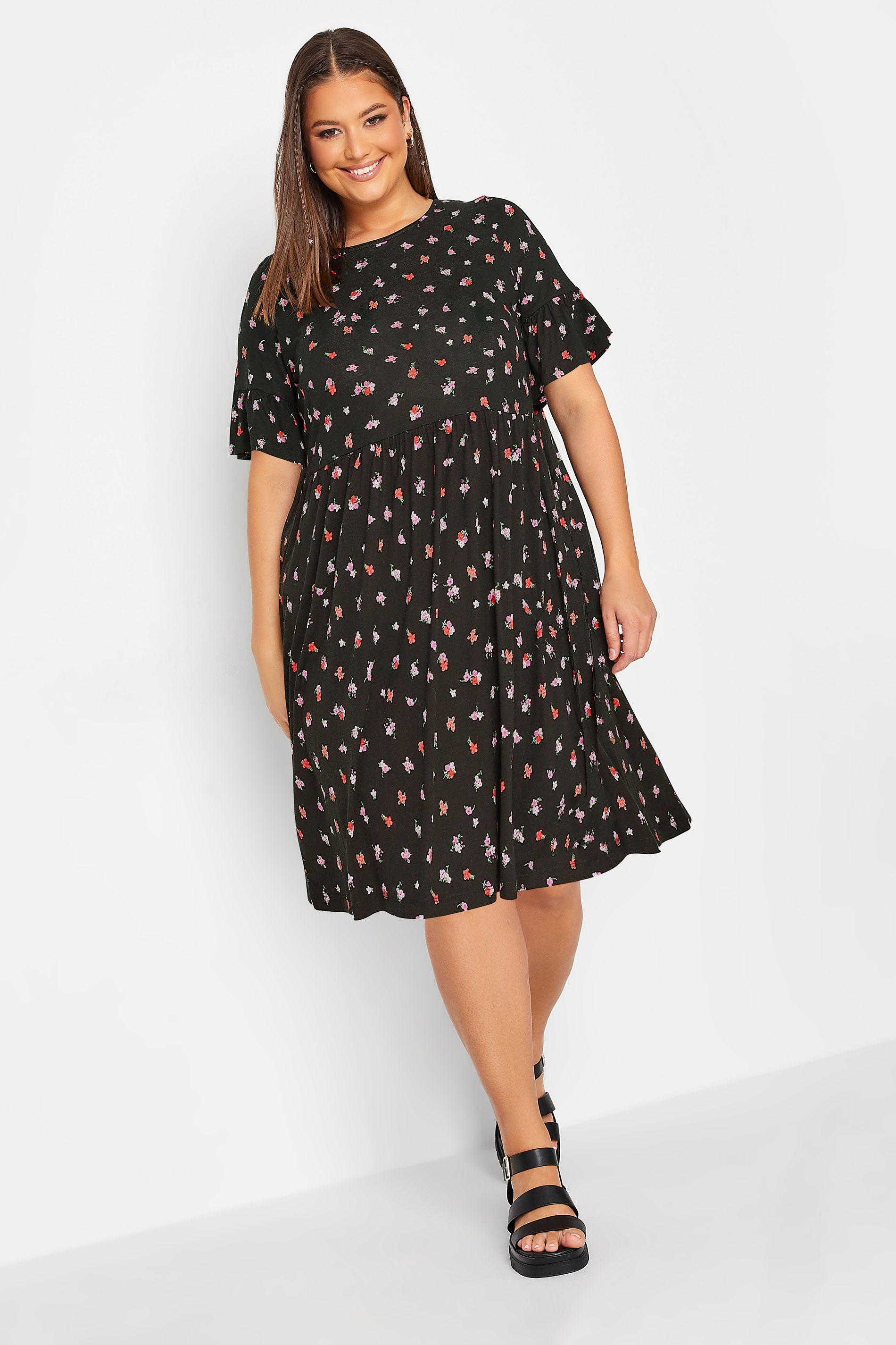 YOURS Curve Plus Size Black & Pink Ditsy Floral Print Smock Tunic Dress | Yours Clothing  1
