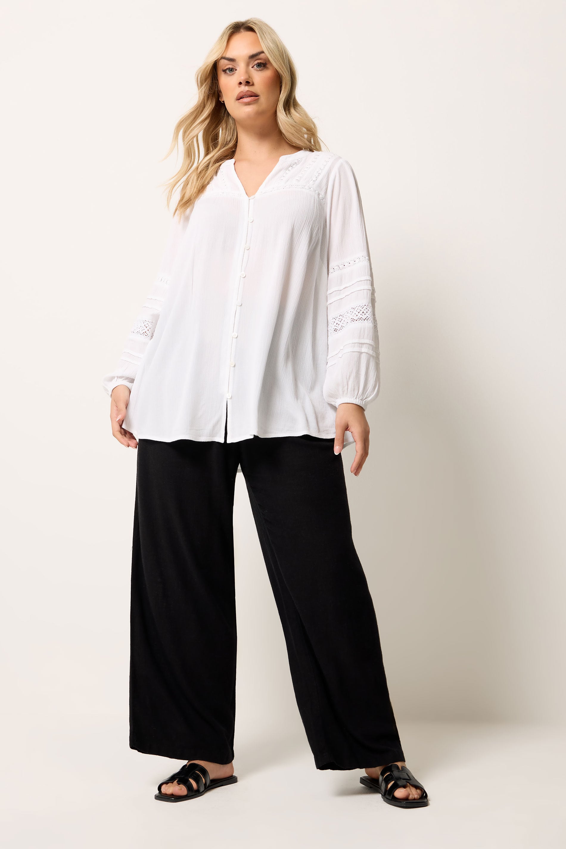YOURS Plus Size White Notch Neck Crochet Blouse | Yours Clothing 1