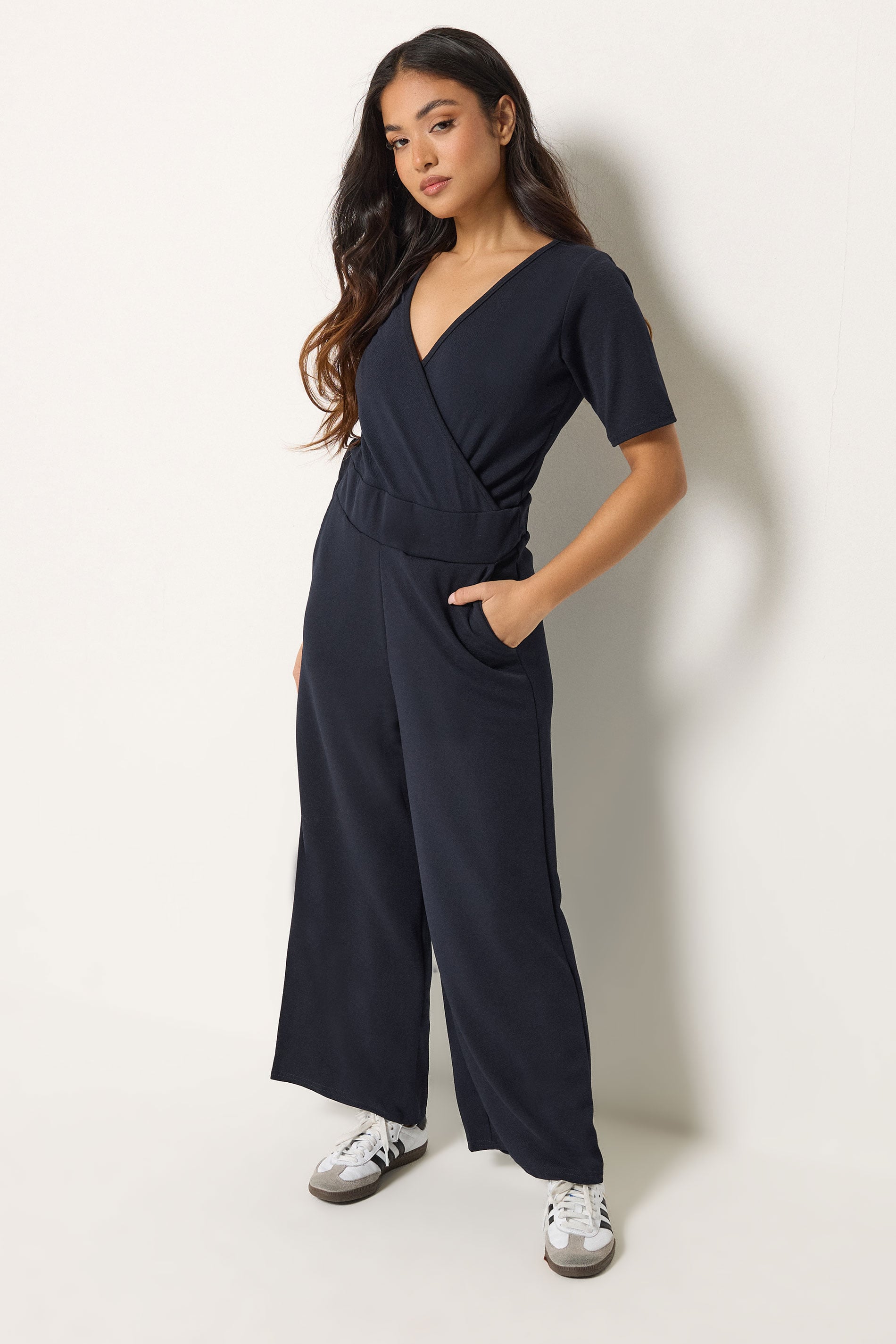 PixieGirl Petite Navy Blue Short Sleeve Wide Leg Jumpsuit | Pixie Girl 3