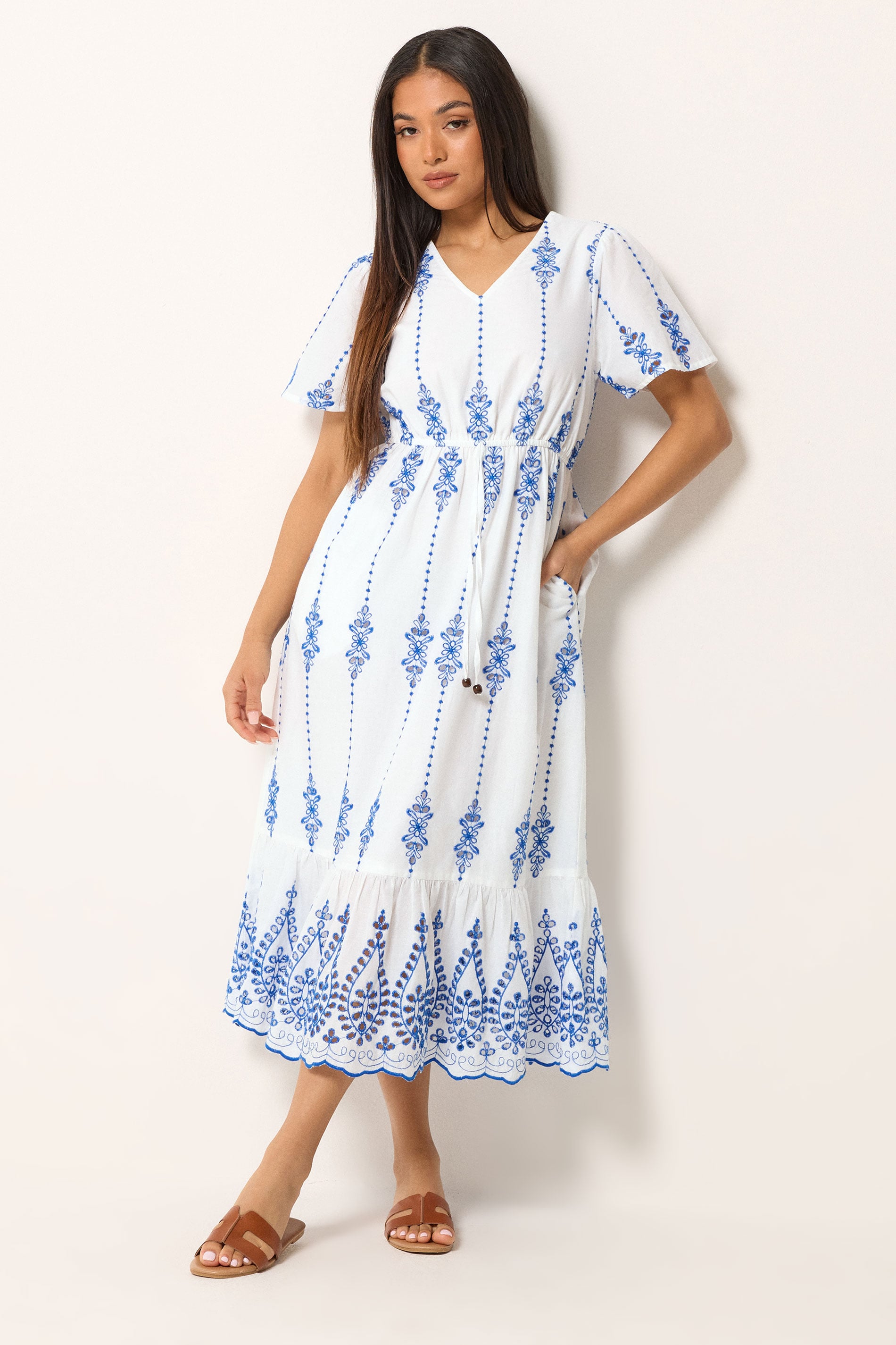 M&Co Petite White & Blue Broderie Cotton Dress | M&Co 3