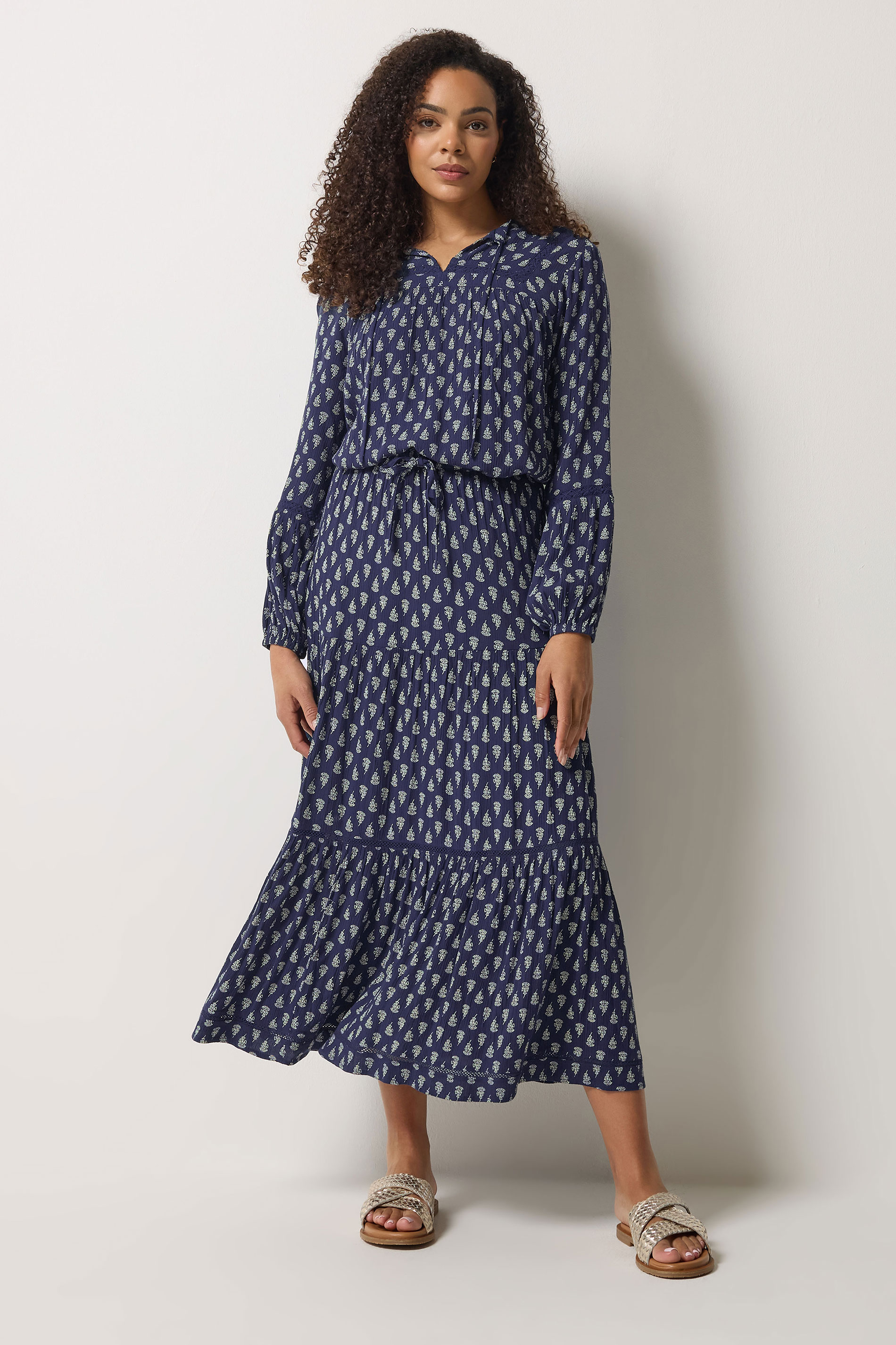 M&Co Navy Blue Aztec Print Tiered Maxi Skirt | M&Co 2