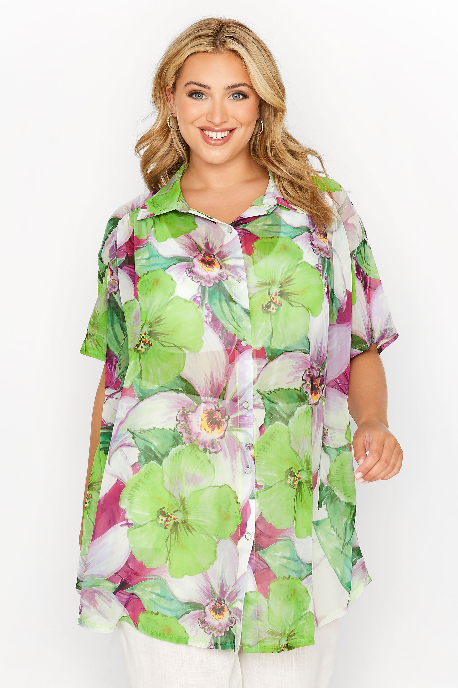 Plus Size Green Floral Button Down Shirt | Yours Clothing 1