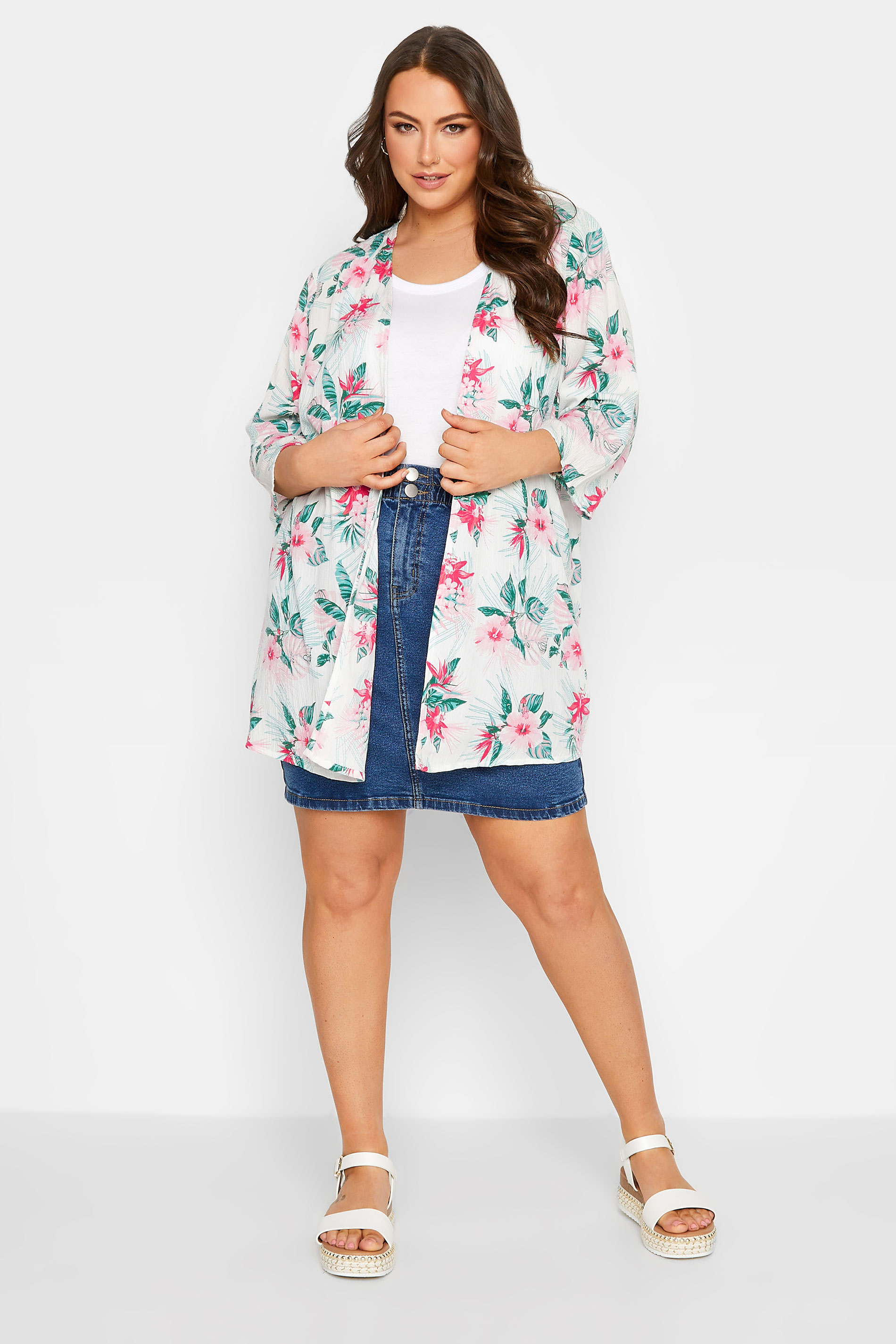 YOURS Plus Size White Floral Crochet Back Kimono | Yours Clothing 2