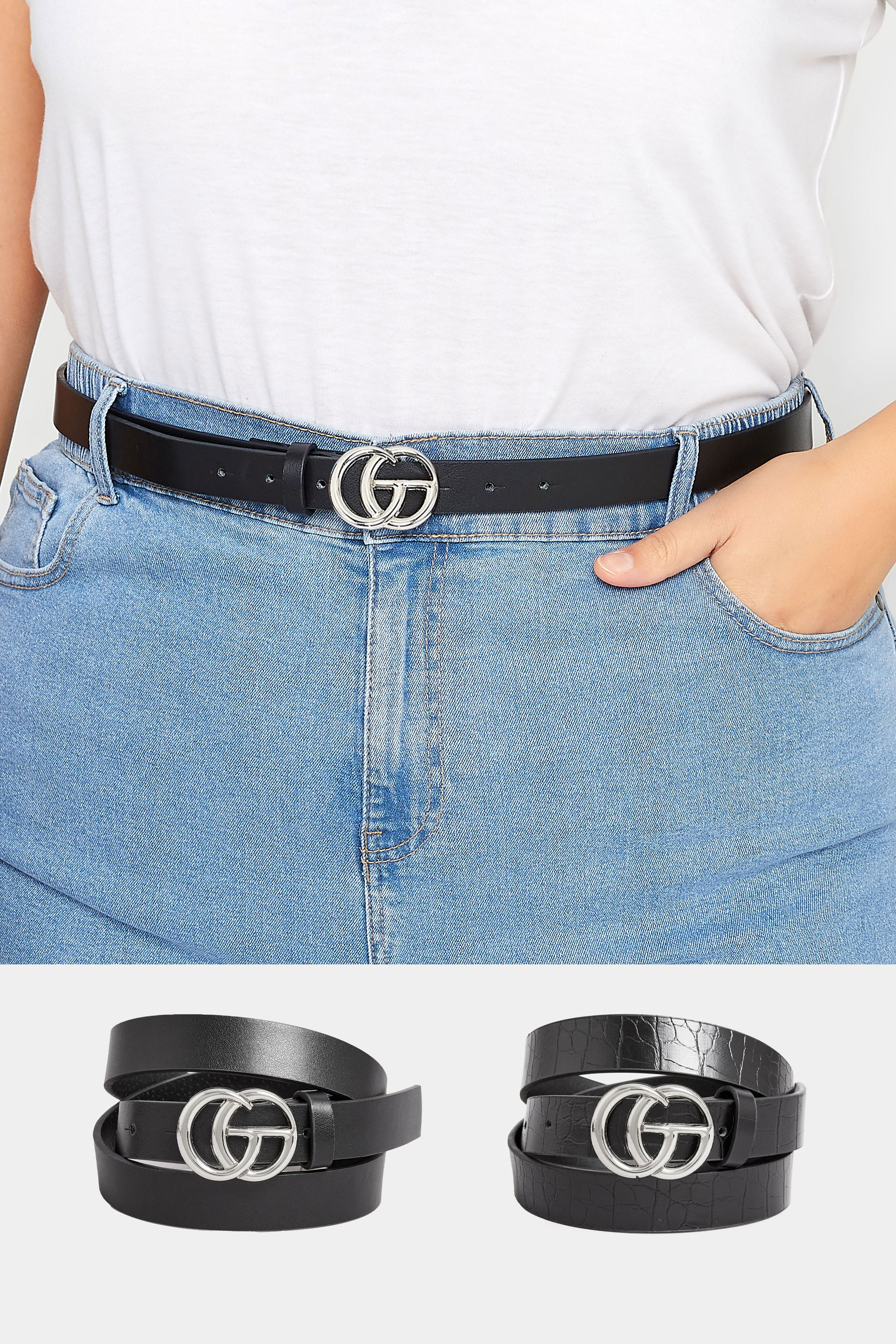 2 PACK Black & Croc Print Initial Logo Belts | Yours Clothing 1