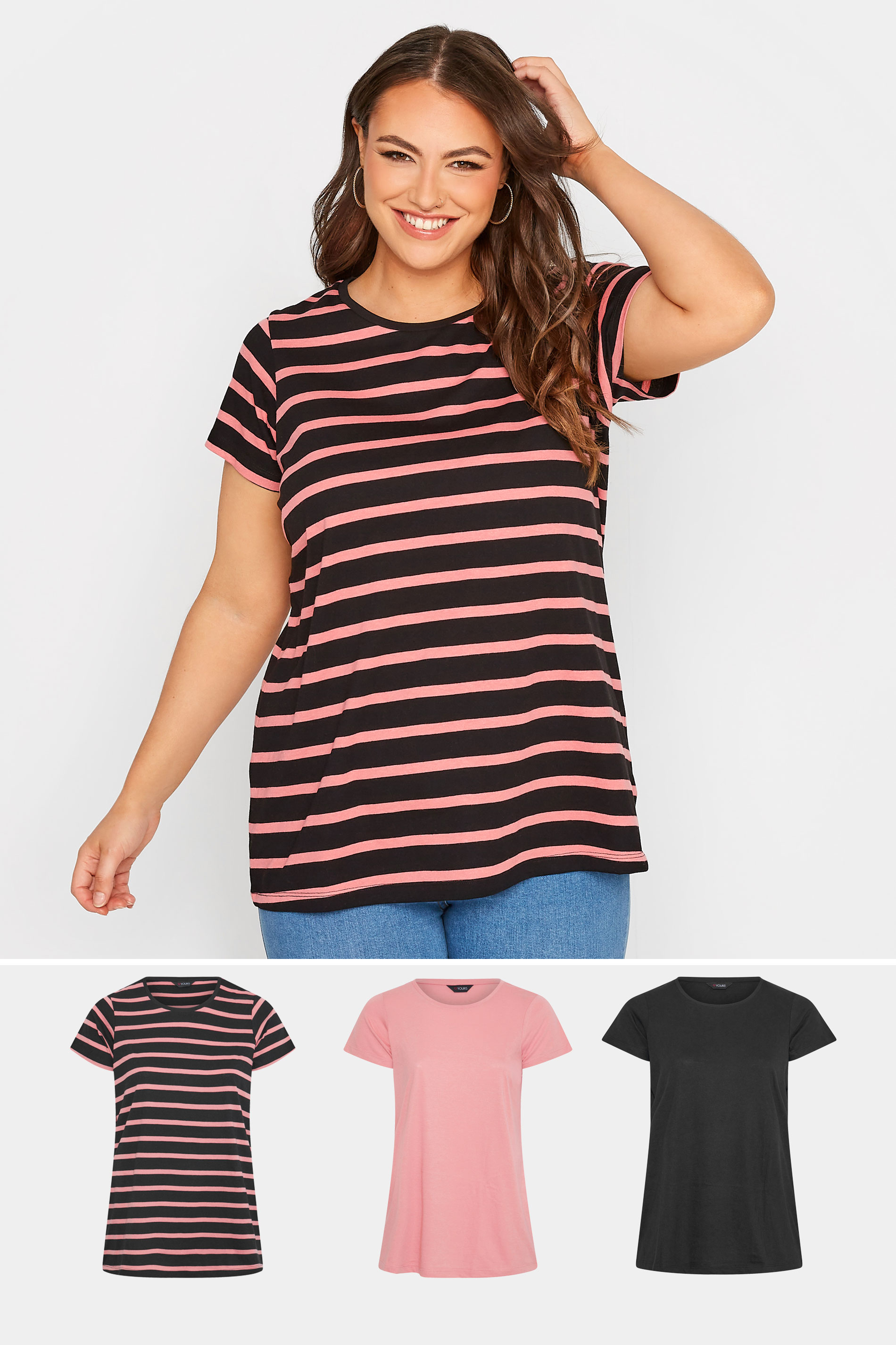 3 PACK Plus Size Pink & Black & Stripe T-Shirts | Yours Clothing 1