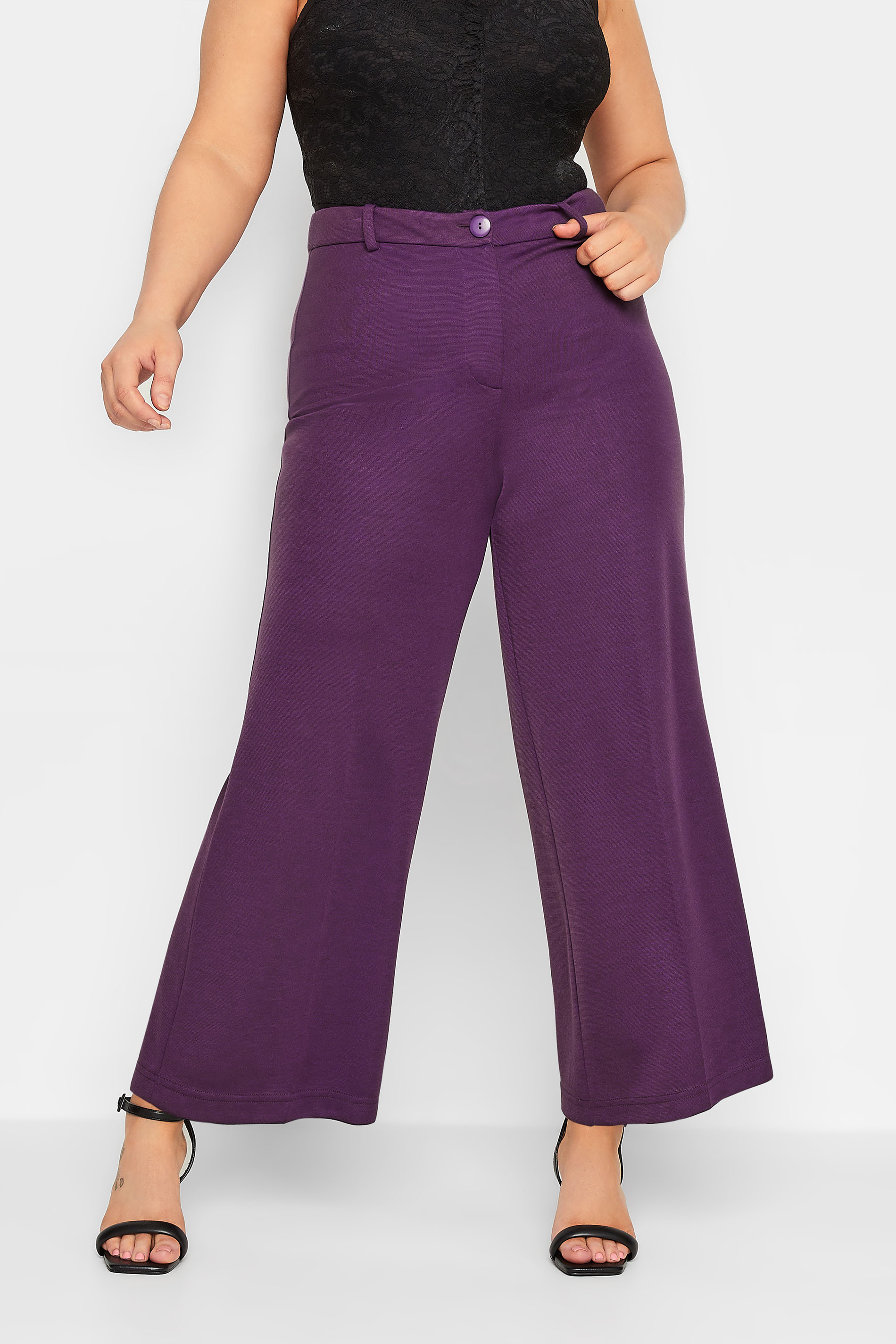 YOURS Plus Size Purple Wide Leg Button Up Trousers