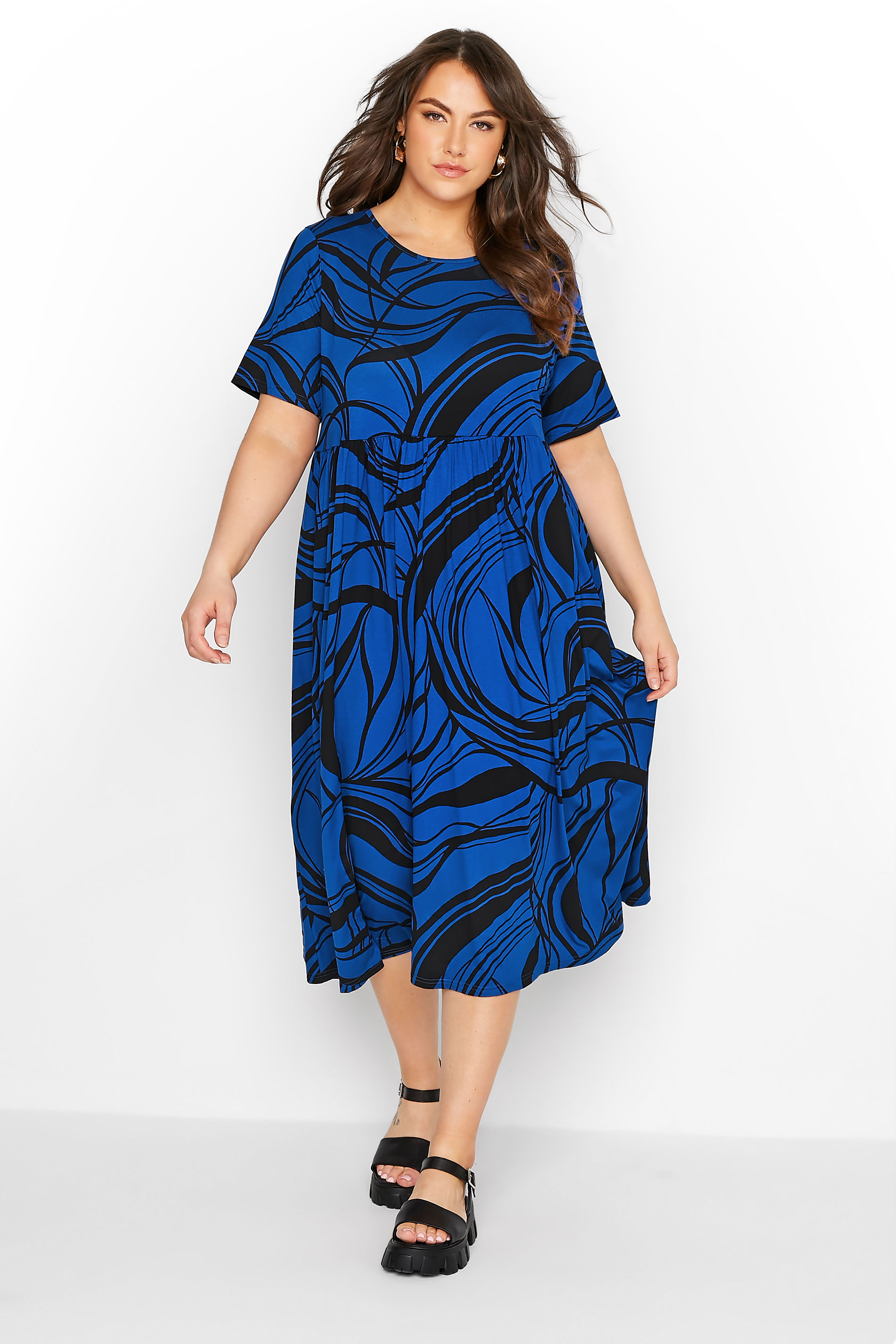 LIMITED COLLECTION Curve Cobalt Blue Swirl Print Midaxi Smock Dress_A.jpg