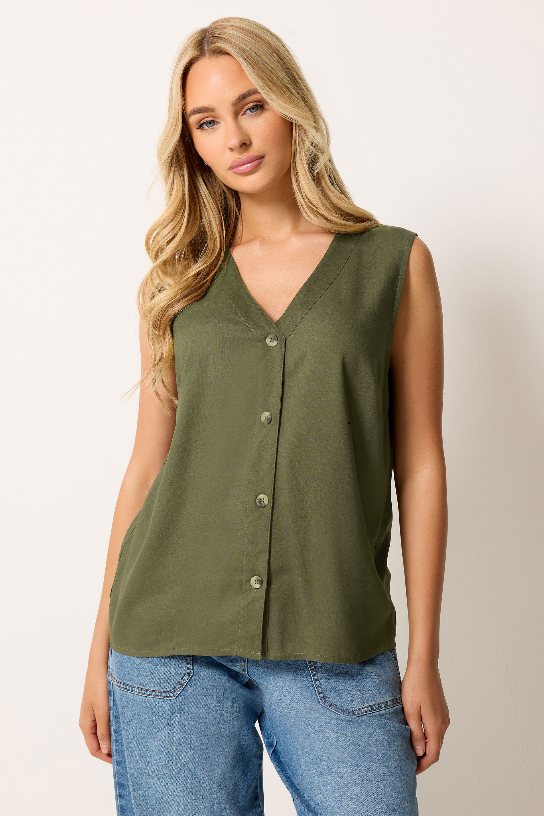 M&Co Khaki Green Sleeveless Button Through Top | M&Co 3