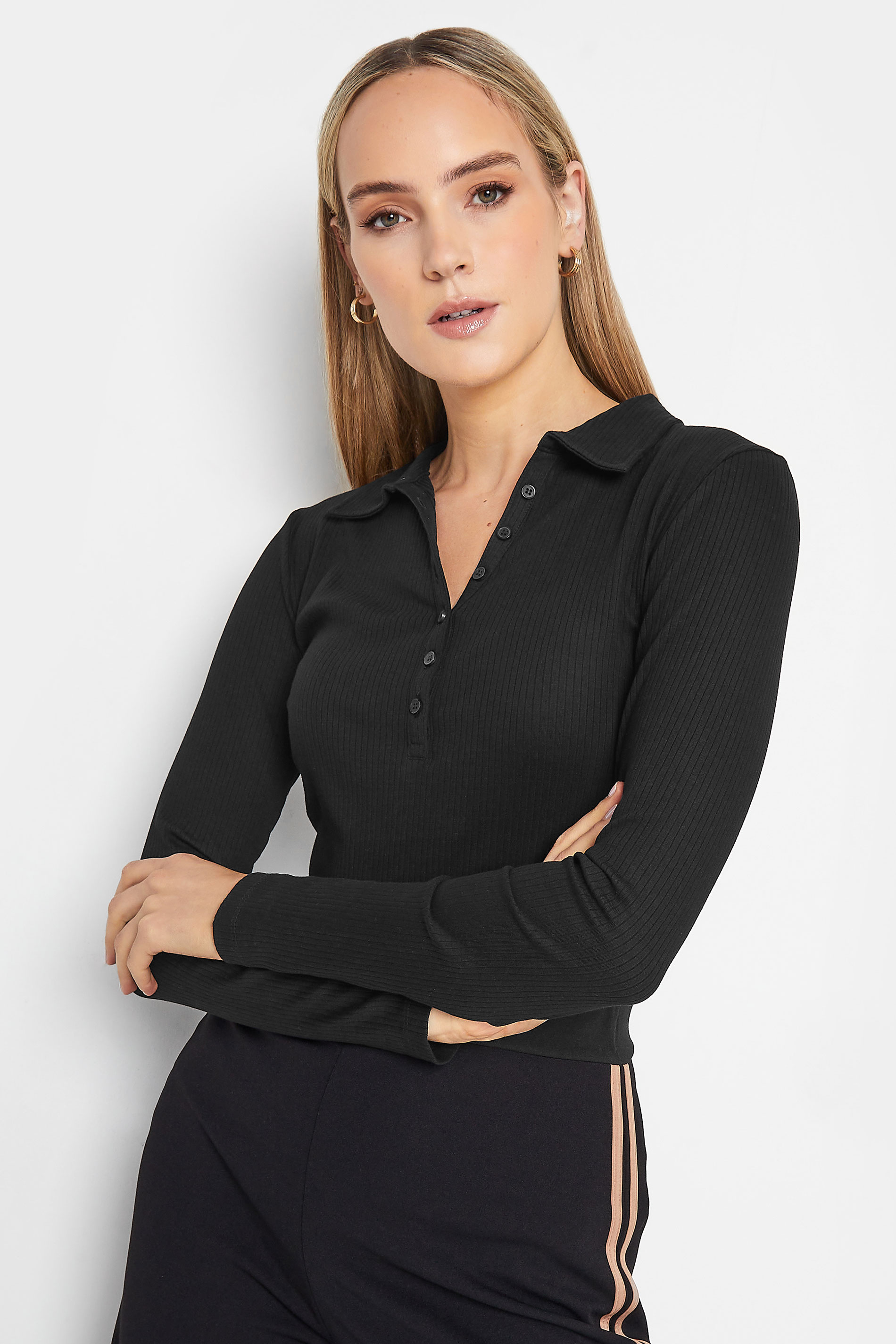 LTS Tall Black Ribbed Button Detail Collared Top | Long Tall Sally 1