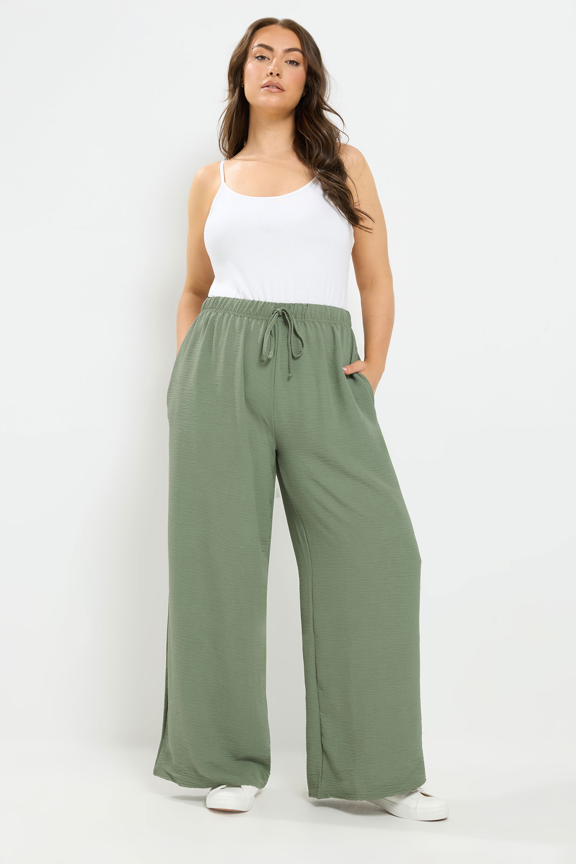 YOURS Plus Size Khaki Green Wide Leg Trousers | Yours Clothing 1